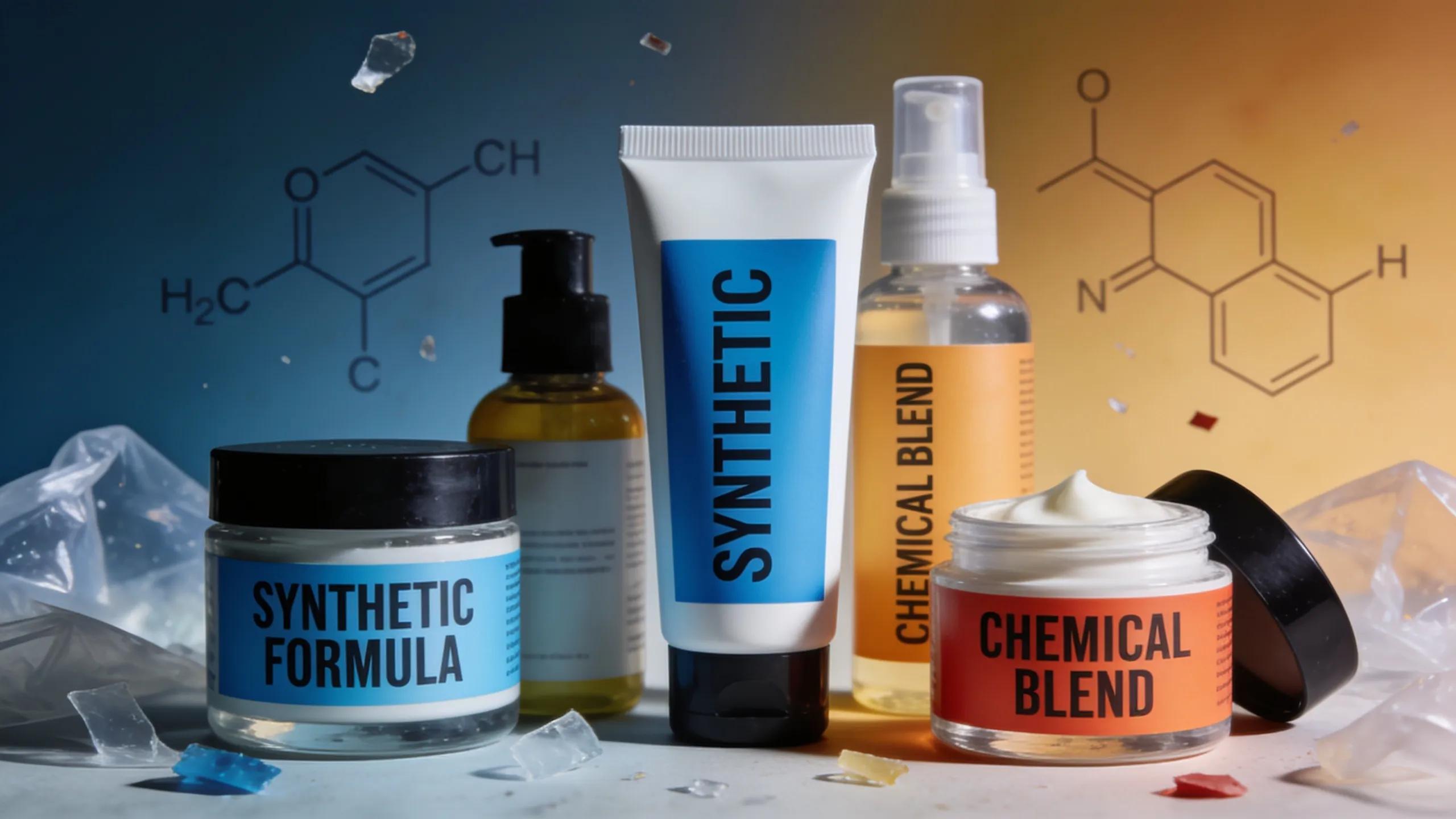 Common mass-produced skincare products showcasing synthetic labels and packaging