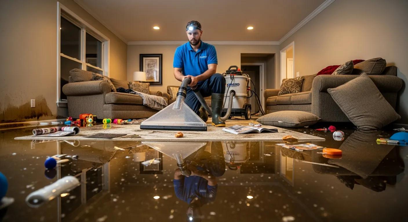Technician performing emergency water extraction in a flooded home