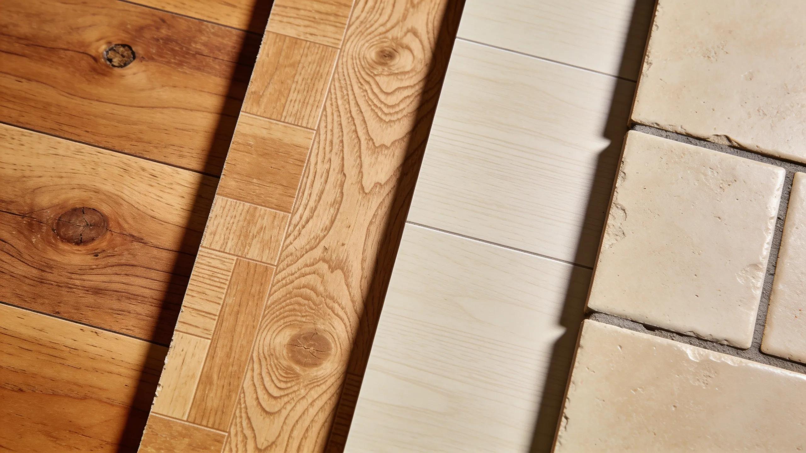 Close-up view of hardwood, laminate, vinyl, and tile flooring showing different textures