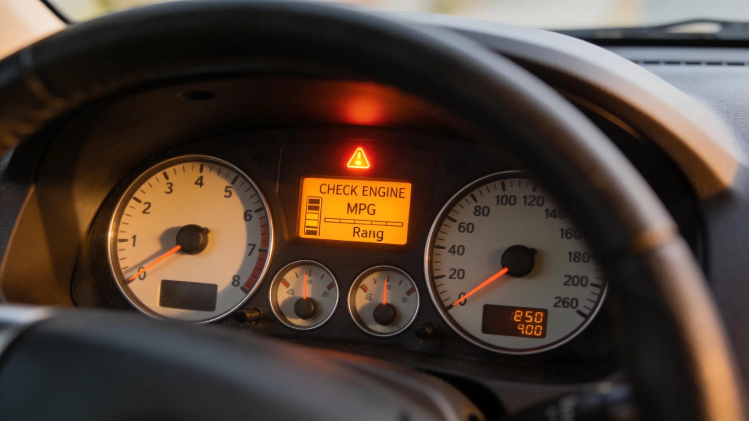 Dashboard view showing lit check engine light indicating catalytic converter issues Dashboard view showing lit check engine light indicating catalytic converter issues