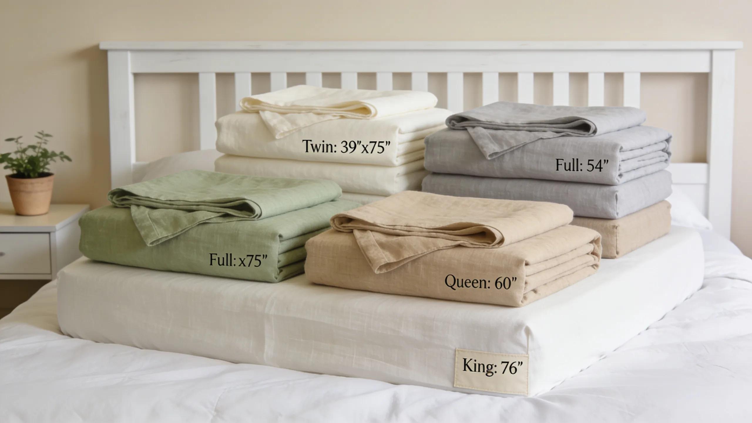 Display of various linen fitted sheets on bed showcasing different sizes
