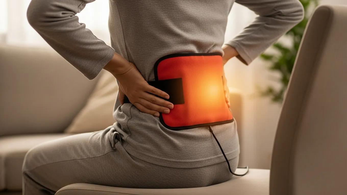 Person applying heat therapy to lower back for relief from posture-related pain