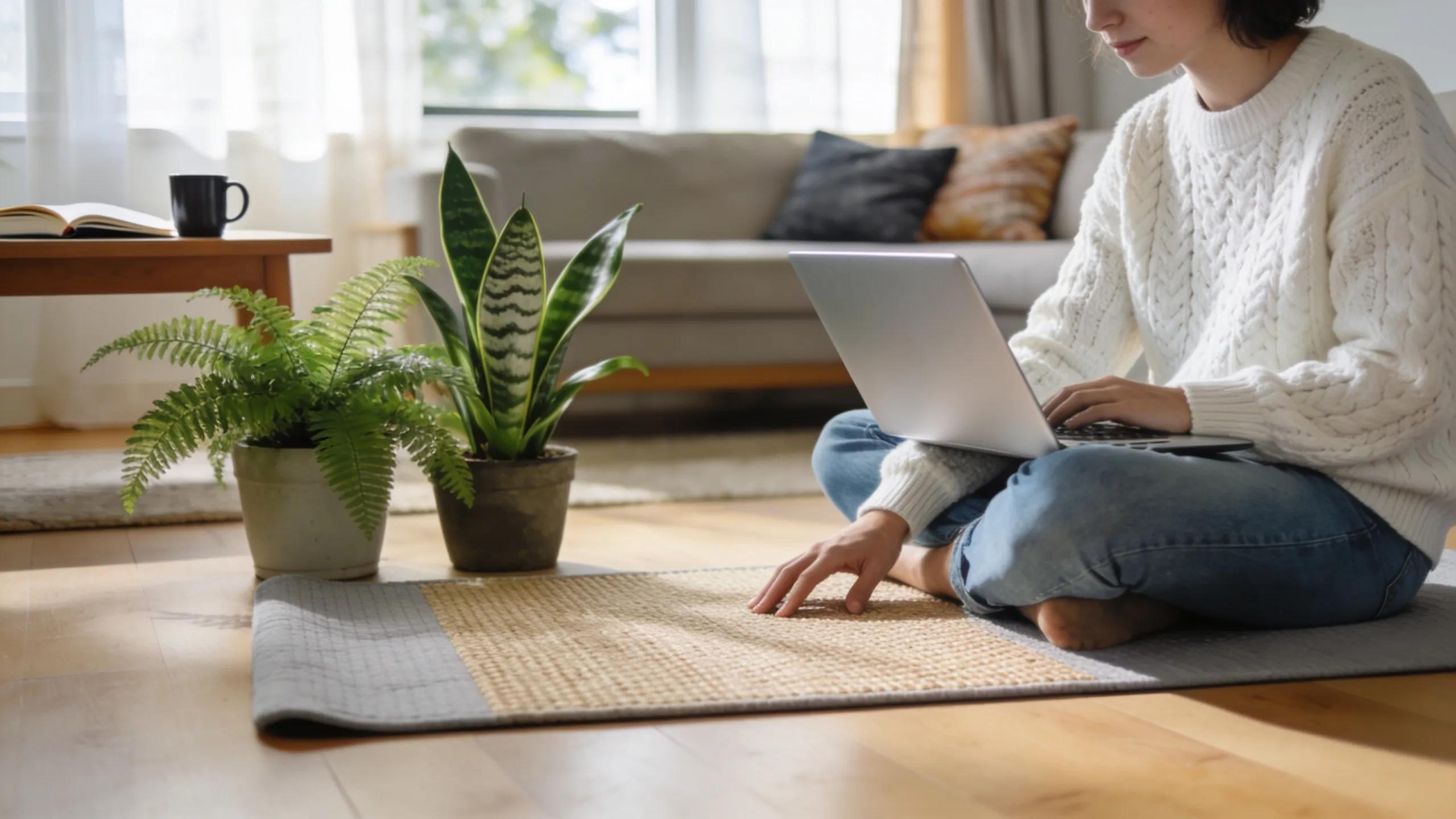 Grounding mat in a modern living room, illustrating its use for relaxation and wellness