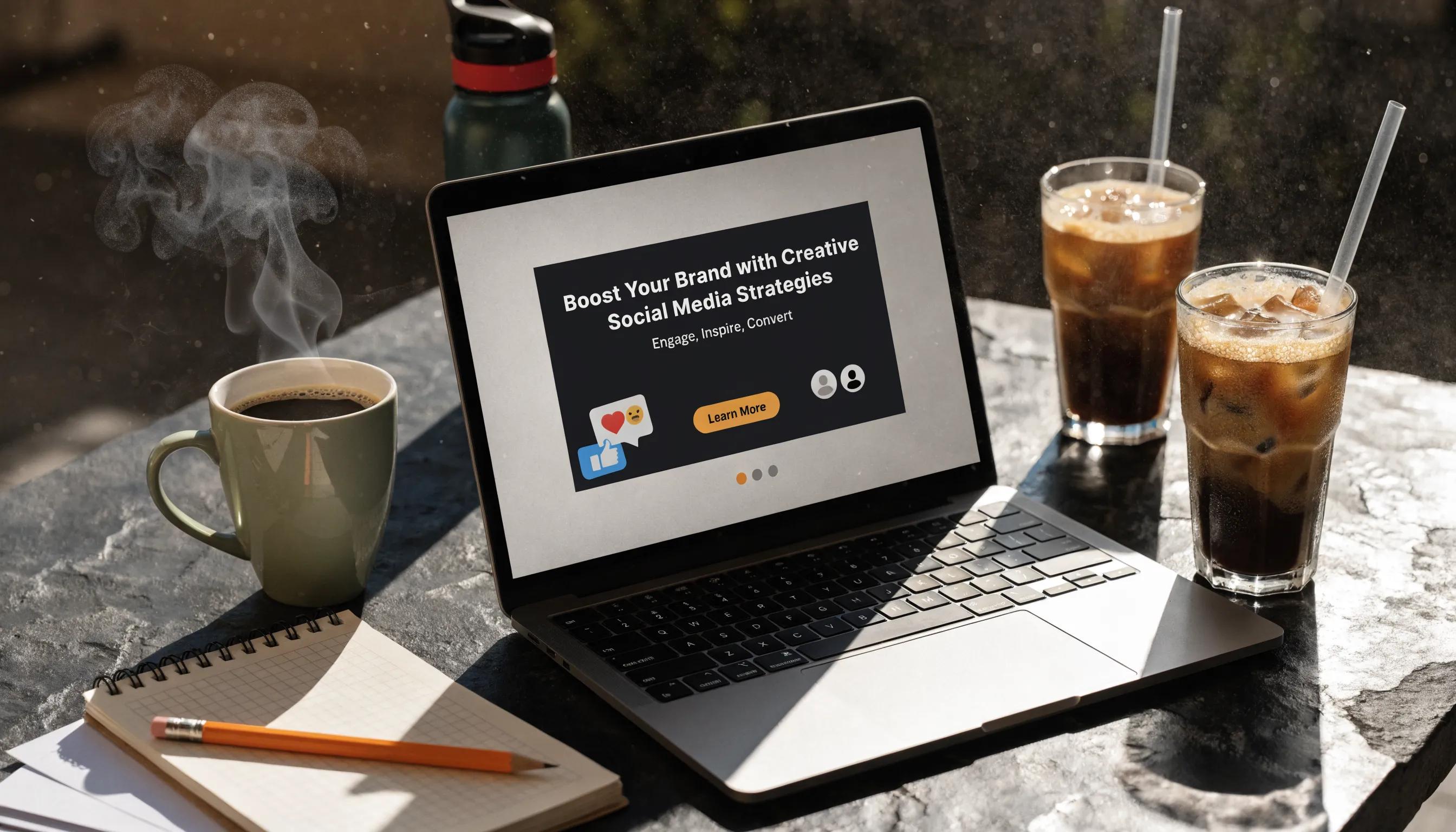 Laptop displaying social media strategies and content planning, alongside coffee and drinks, illustrating effective campaign development.