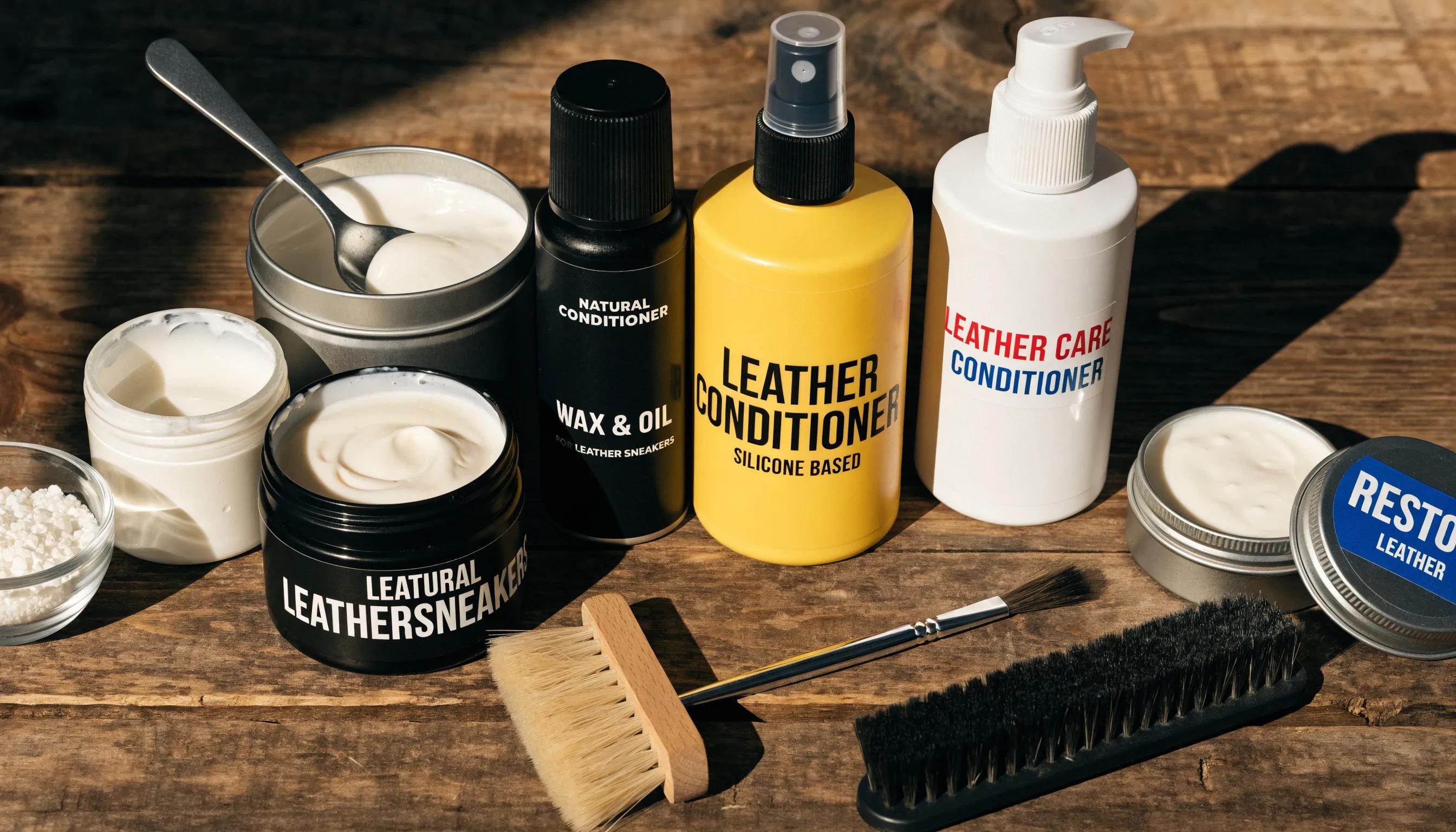 Variety of leather conditioners for Ameise sneakers on wooden surface showcasing conditioning options.
