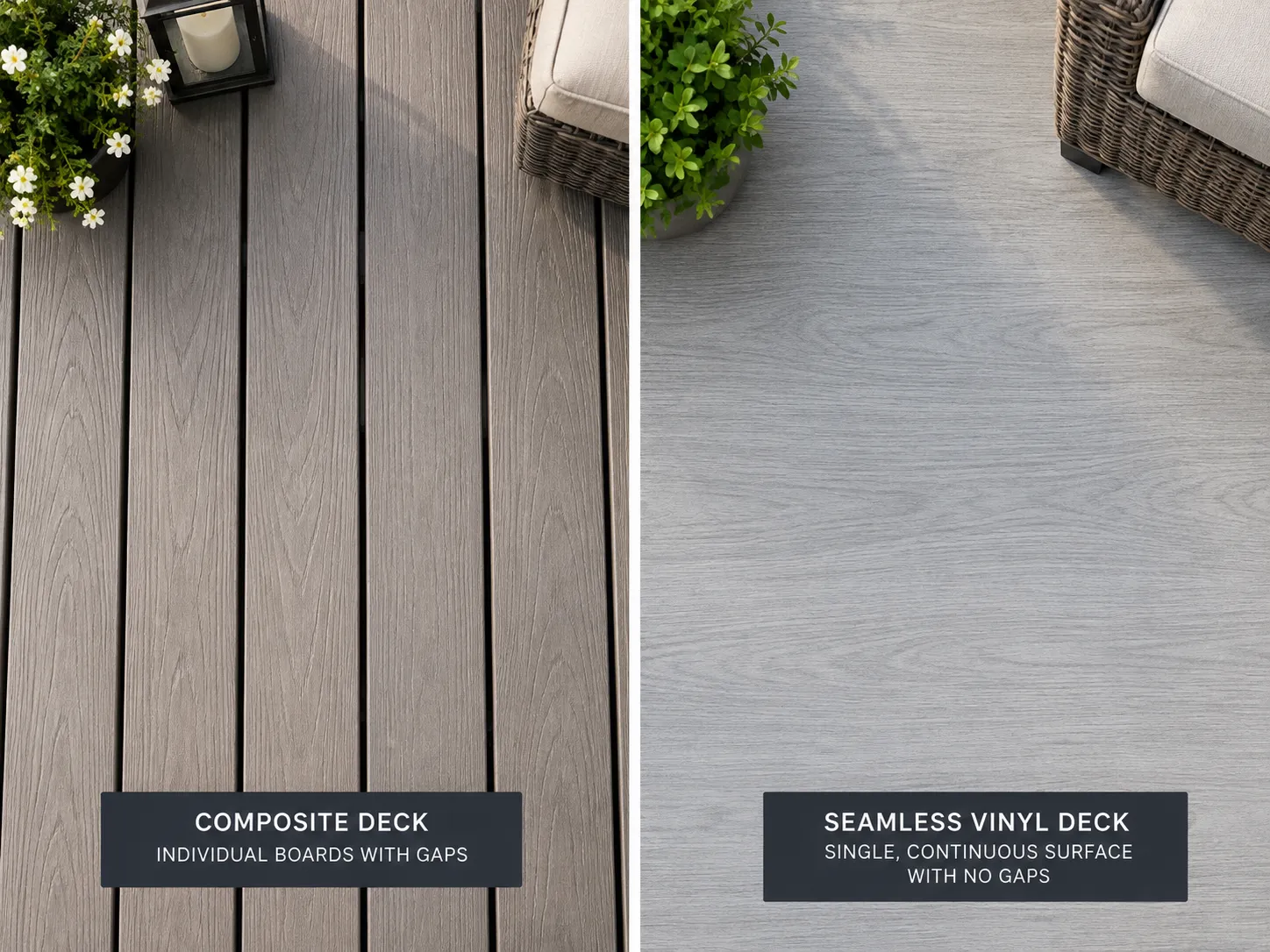 Seamless waterproof vinyl deck membrane compared with spaced deck boards