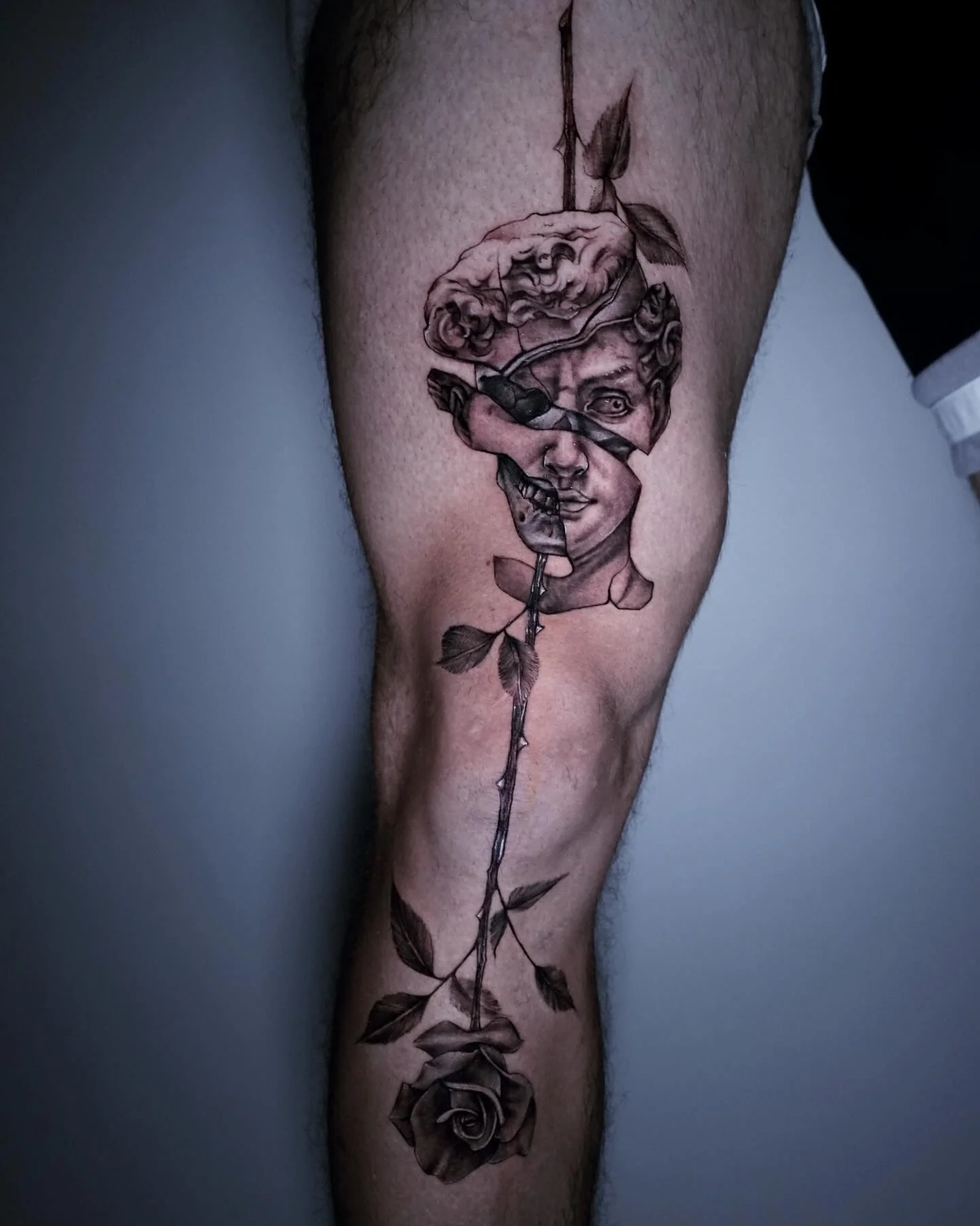 A detailed black-and-grey surrealism tattoo on a leg, showcasing Michelangelo's Statue of David split into fractured, floating sections. A long, thorny black rose stem cuts vertically through the center of the face and head, with a fully bloomed dark rose resting at the lower shin.