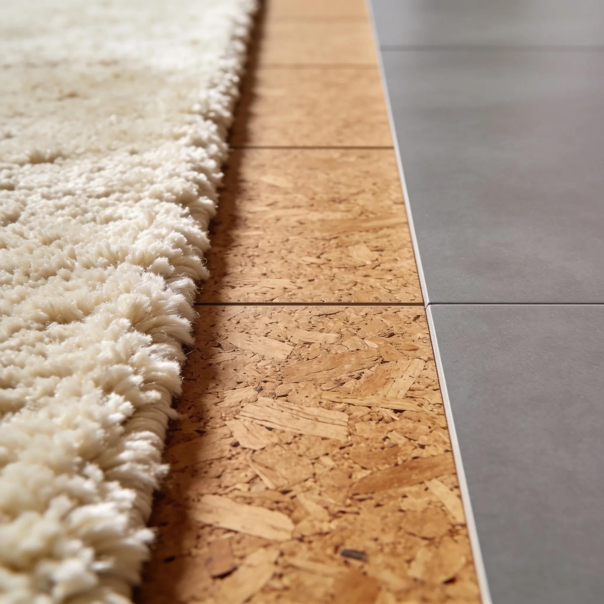 Close-up textures of carpet, cork, and vinyl flooring