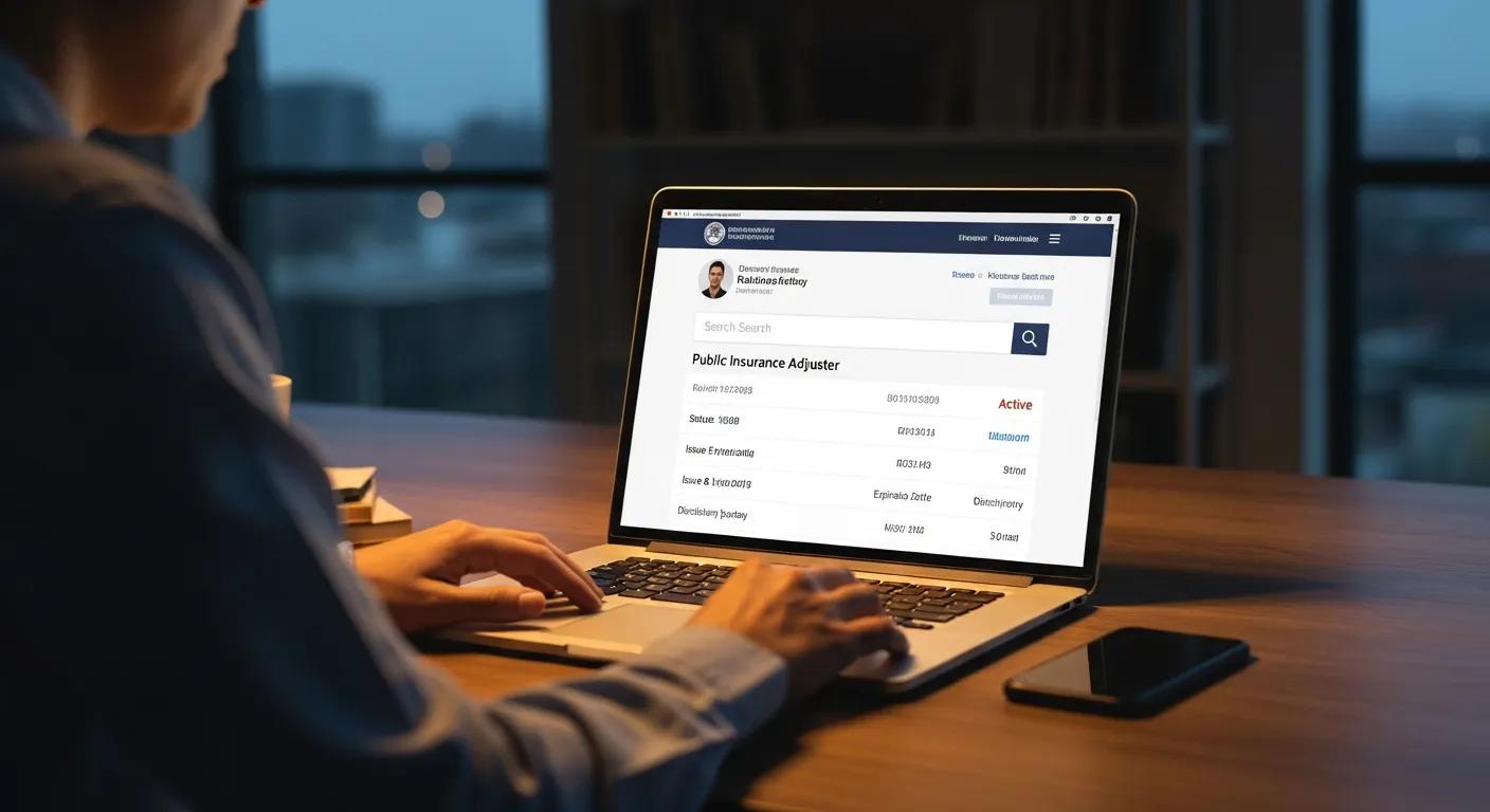 Person checking public insurance adjuster's licensing status on a laptop