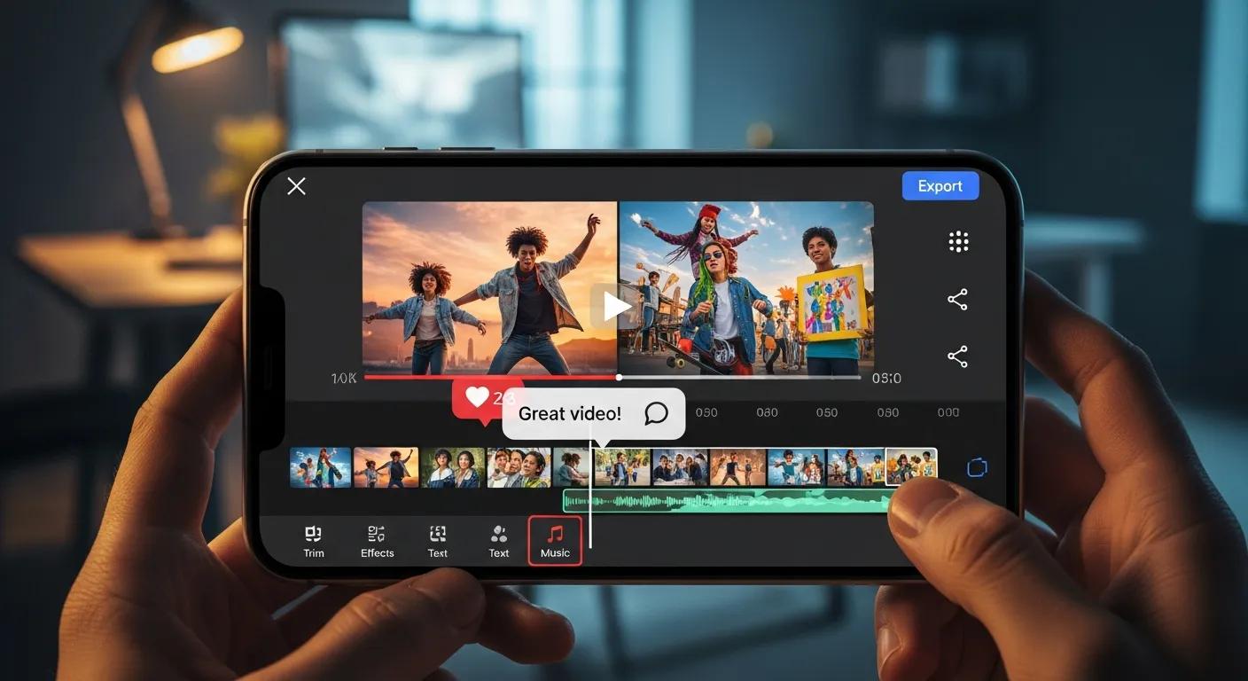 Smartphone displaying video editing app with social media elements for engaging video creation Smartphone displaying video editing app with social media elements for engaging video creation