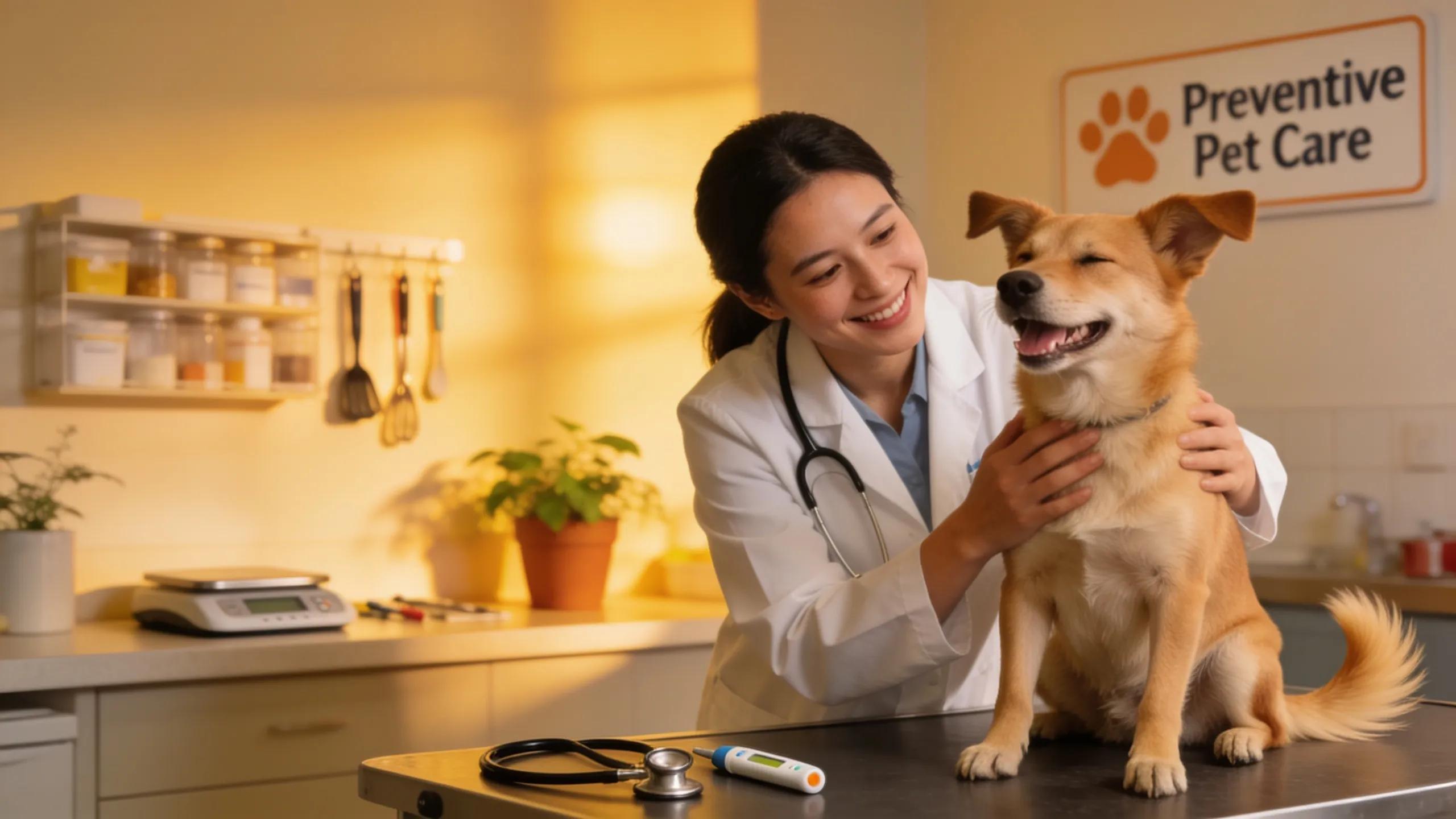 Veterinarian examining a happy dog in a welcoming veterinary clinic