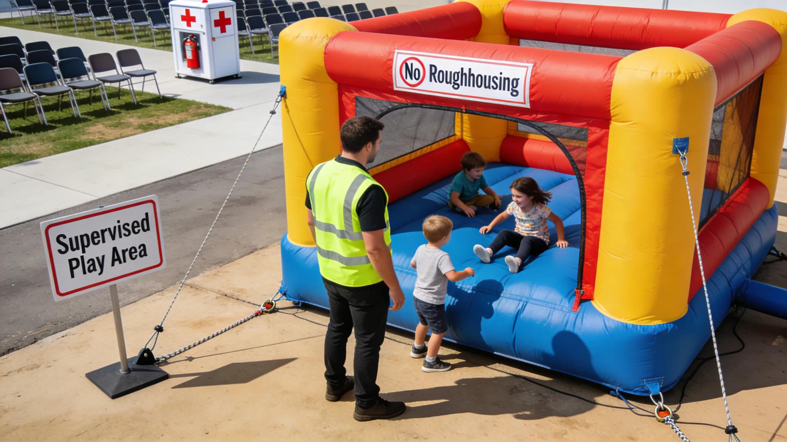 Adult supervising children on inflatable with visible safety measures in place