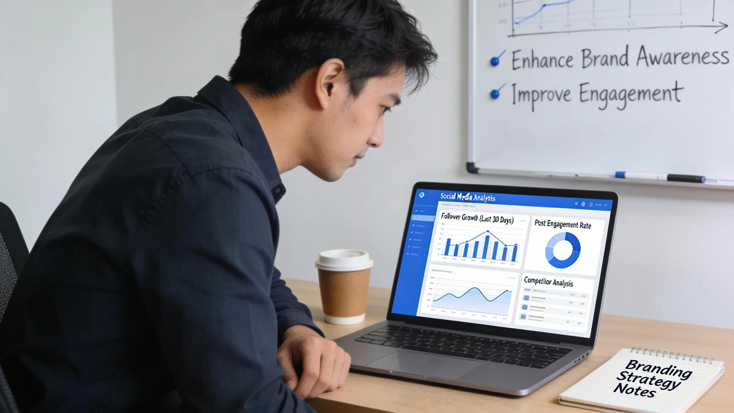 Marketer studying social media analytics to enhance branding strategies