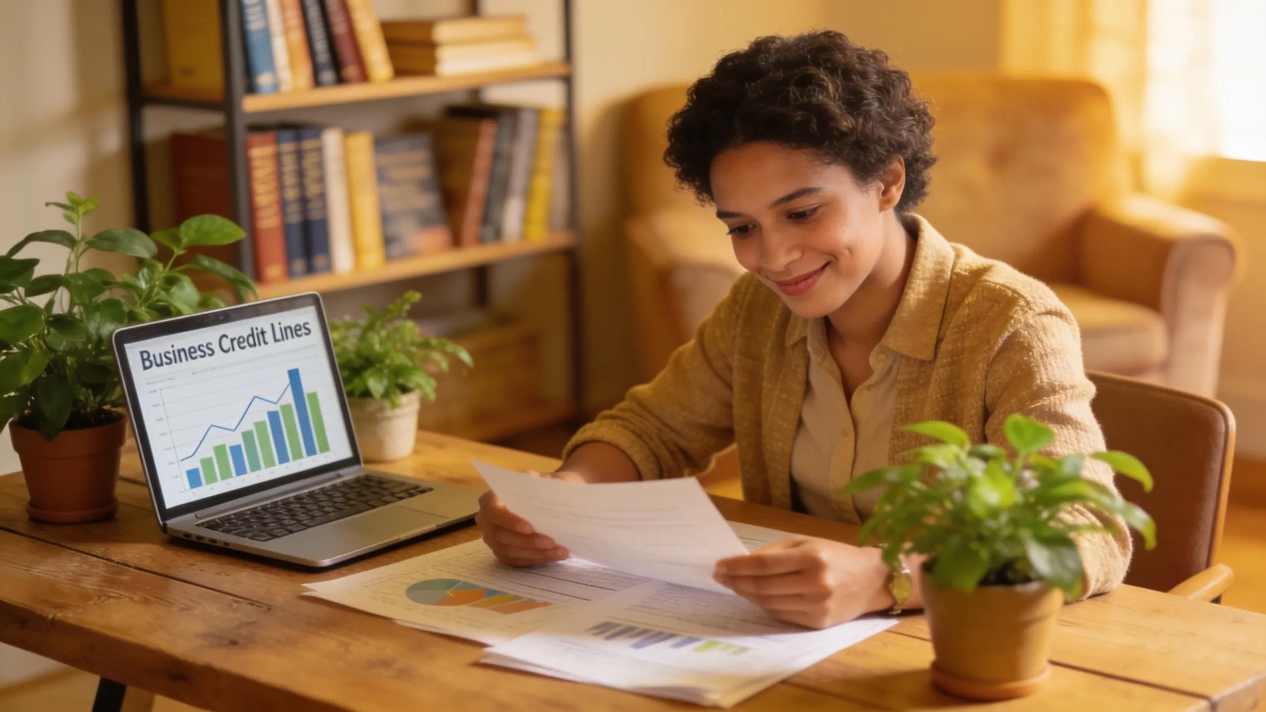 Small business owner reviewing credit options in a cozy workspace