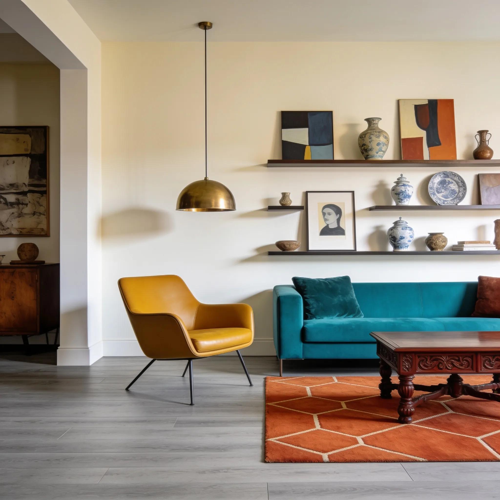 Interior design featuring grey flooring with contrasting decor styles