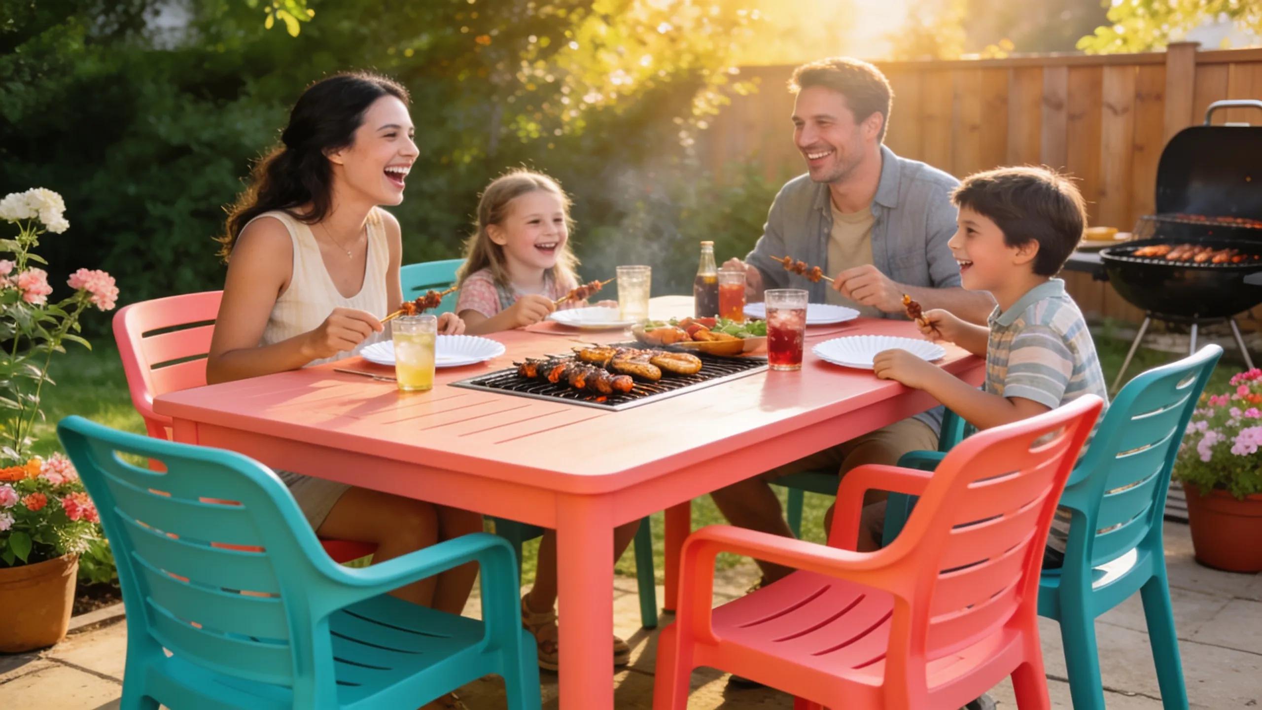 People enjoying an outdoor barbecue with durable HDPE furniture in a sunny backyard
