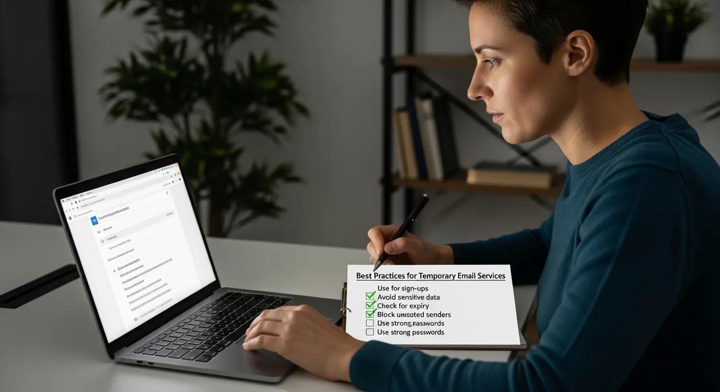 Checklist of best practices for using temporary email services, featuring a person reviewing their email