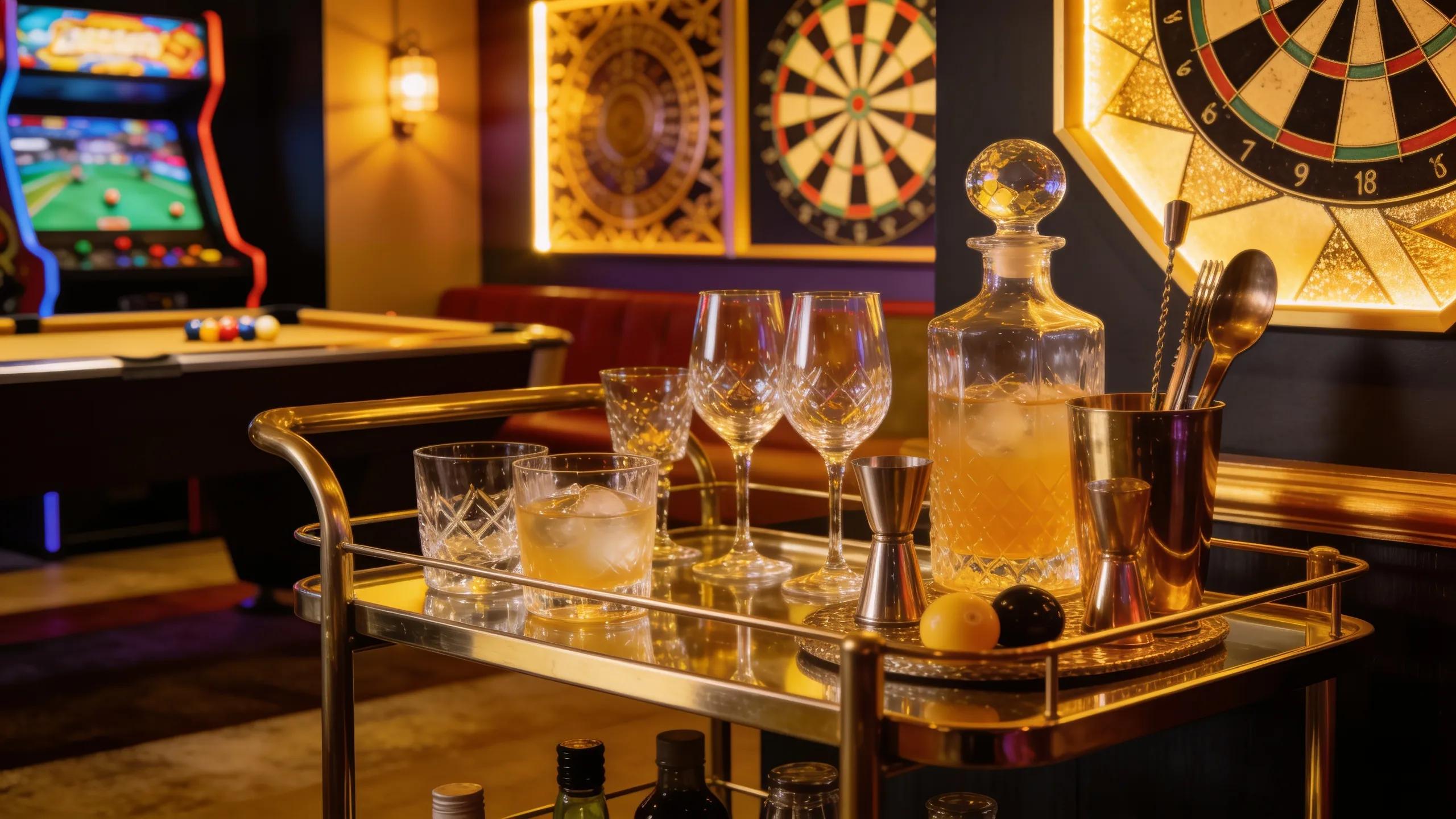 Stylish bar area in a home game room with elegant glassware and bar accessories enhancing the entertainment space