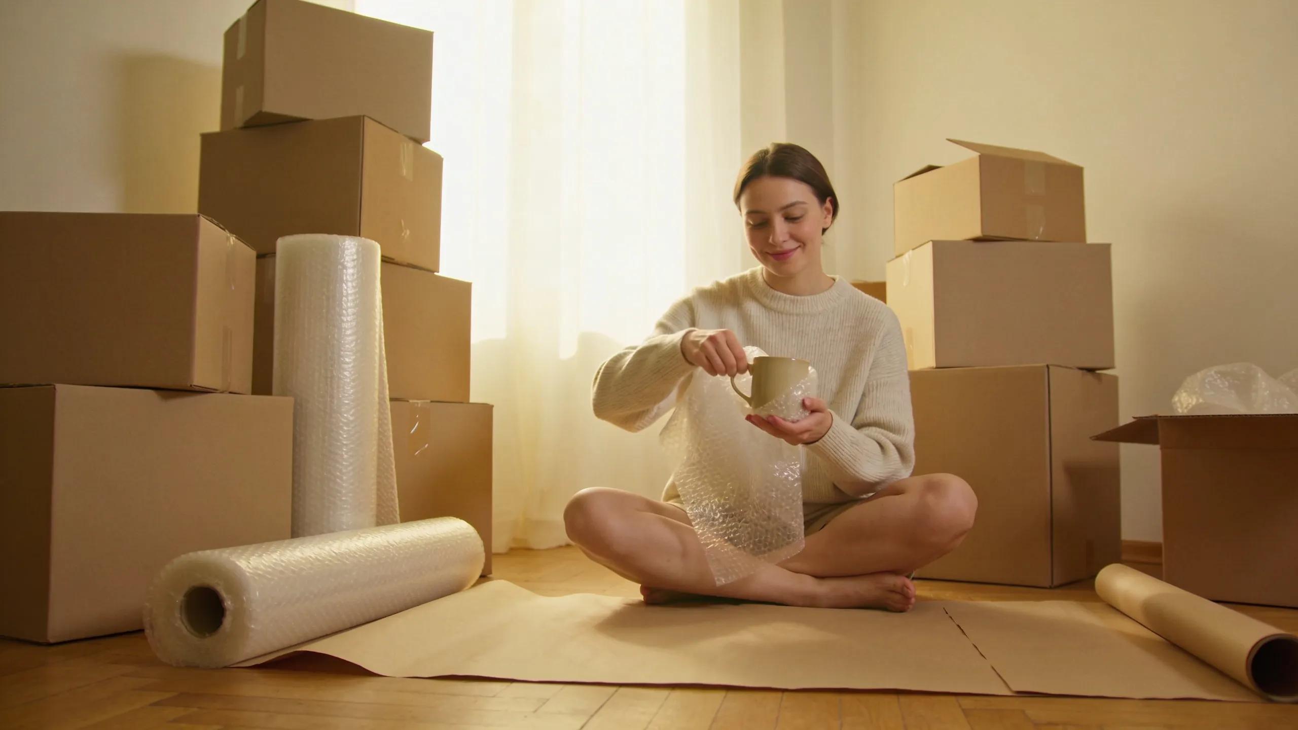 Organized moving scene with boxes and packing materials reflecting stress-free moving strategies