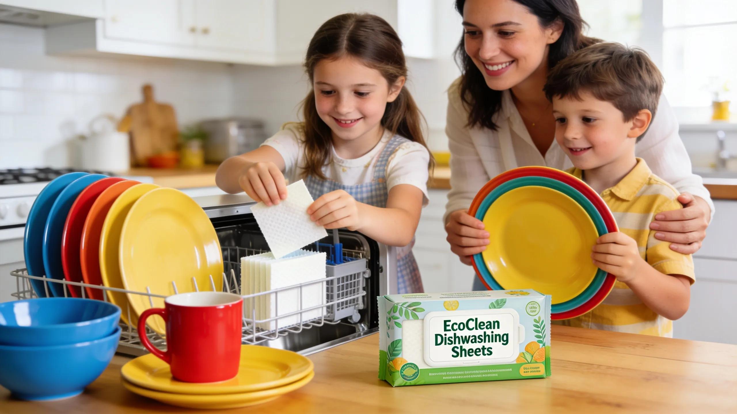 Family safely using dishwashing sheets in a tidy kitchen environment