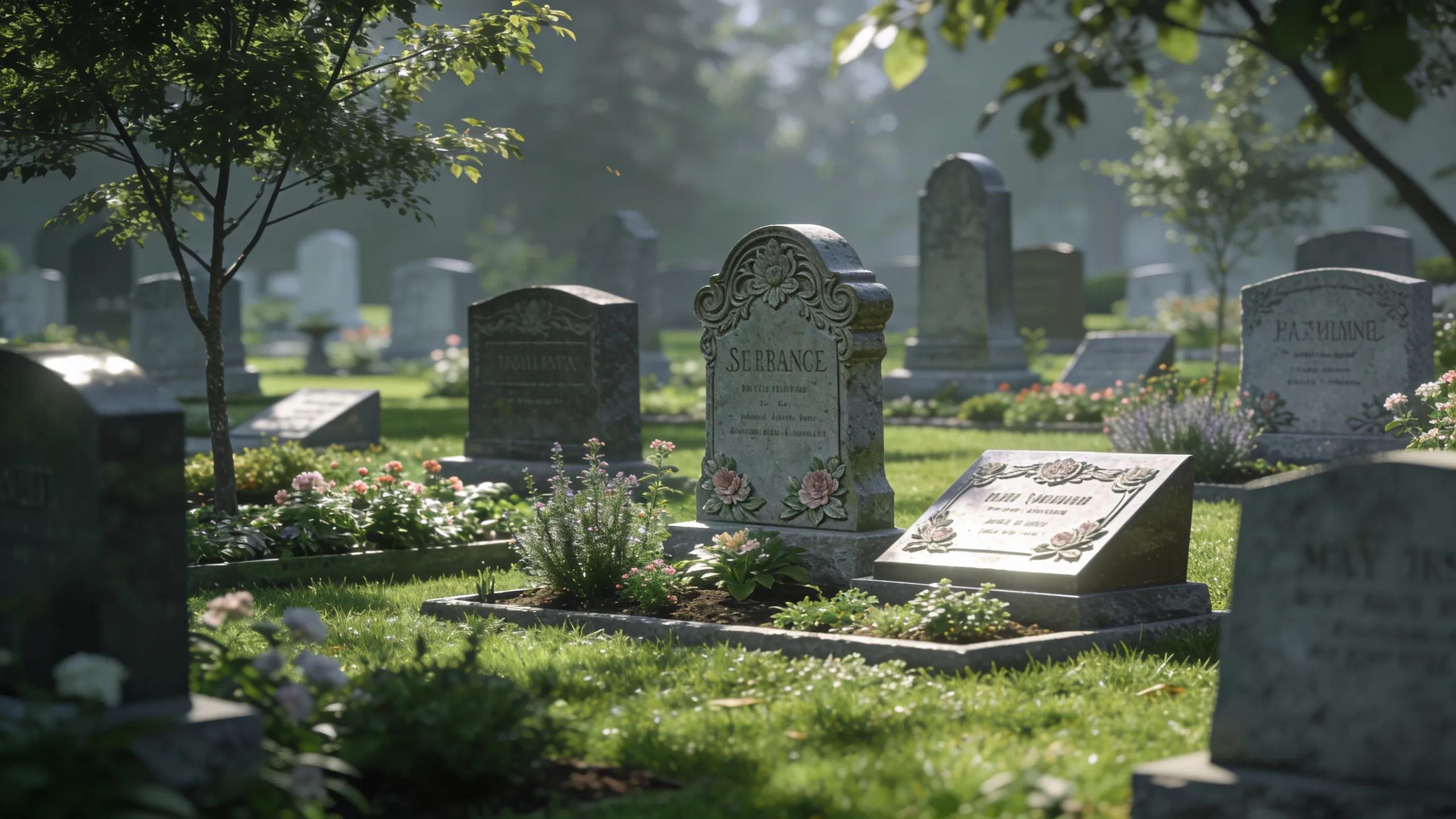Types of Capital Grave Markers for Lasting Tributes 1 Various types of grave markers in a serene cemetery setting, depicting memorialization options