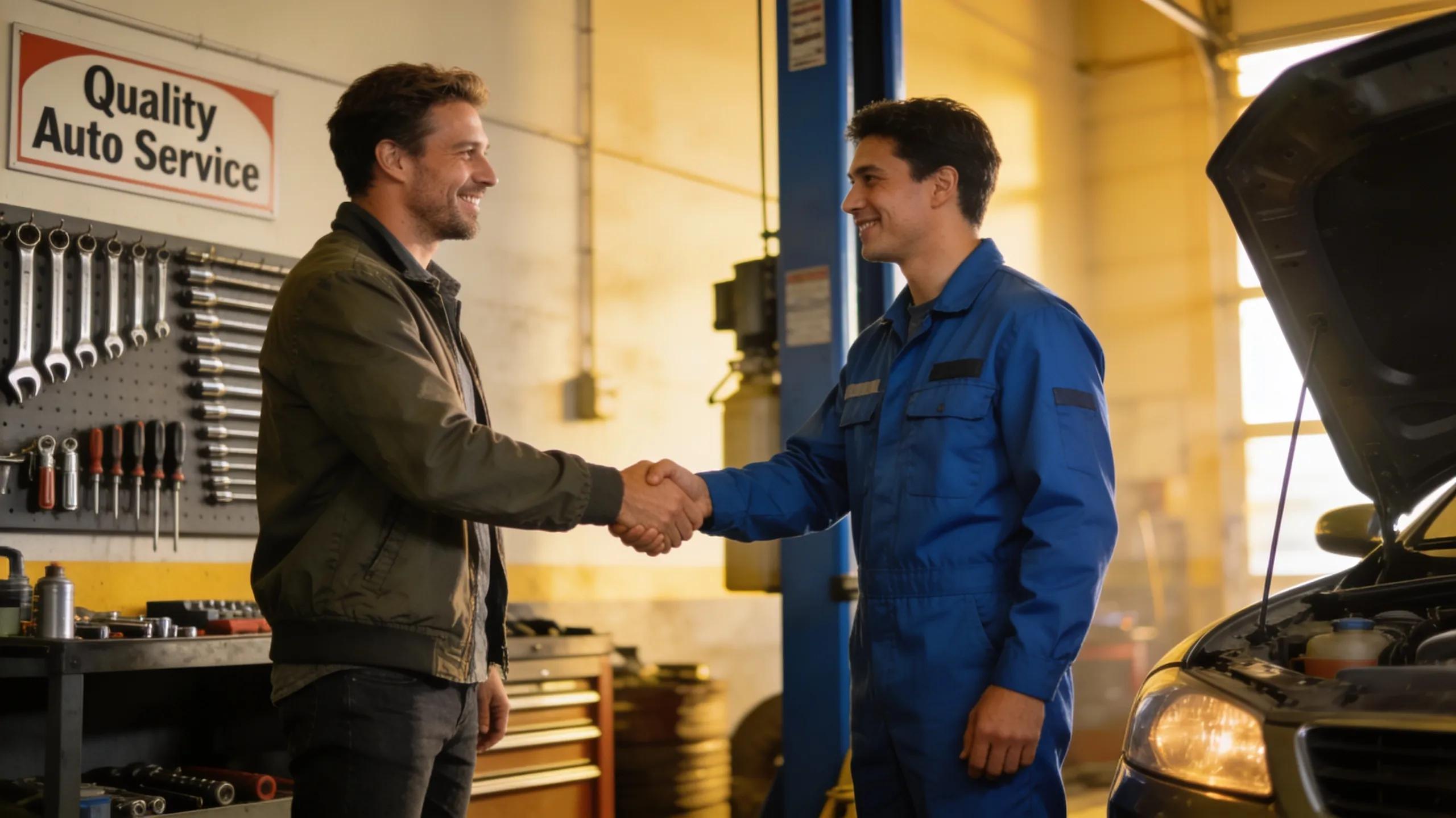 Satisfied car owner and mechanic representing benefits of independent vehicle service warranties