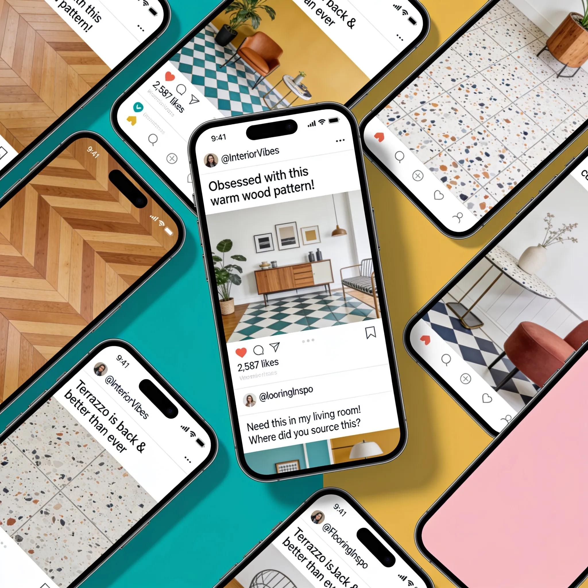 Collage of social posts highlighting trending flooring styles
