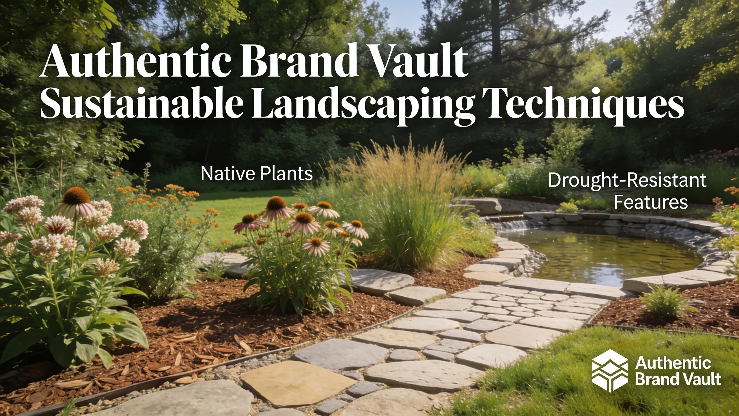Authentic Brand Vault sustainable landscaping techniques featuring a rain garden with native plants and drought-resistant features
