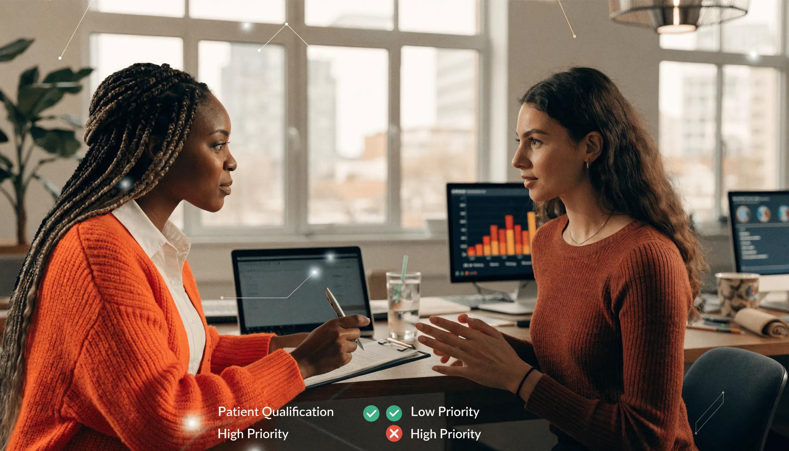 Two women discussing patient qualification and lead prioritization with data visualizations on computer screens.