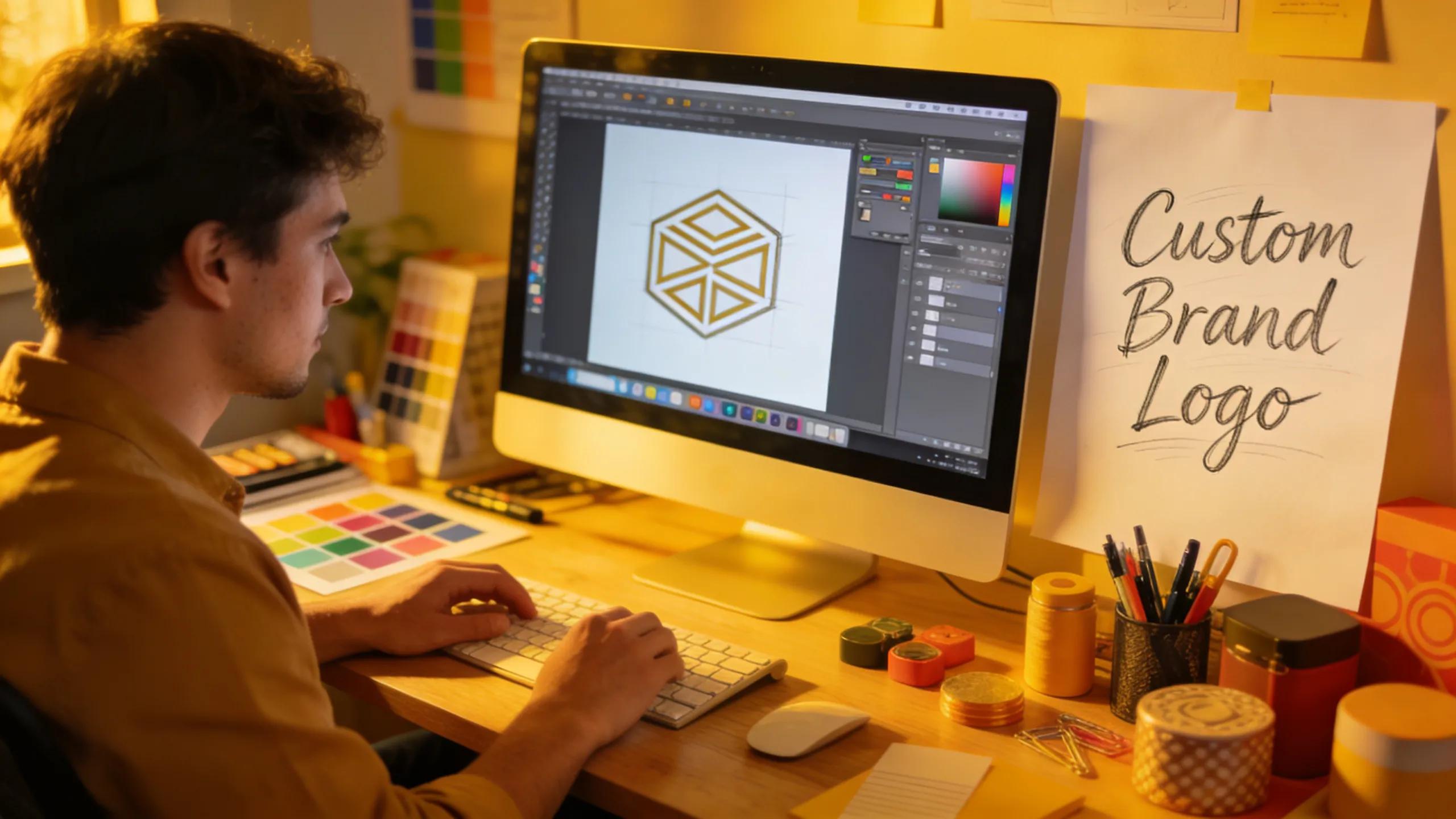 Man designing custom brand logo on computer screen and paper.