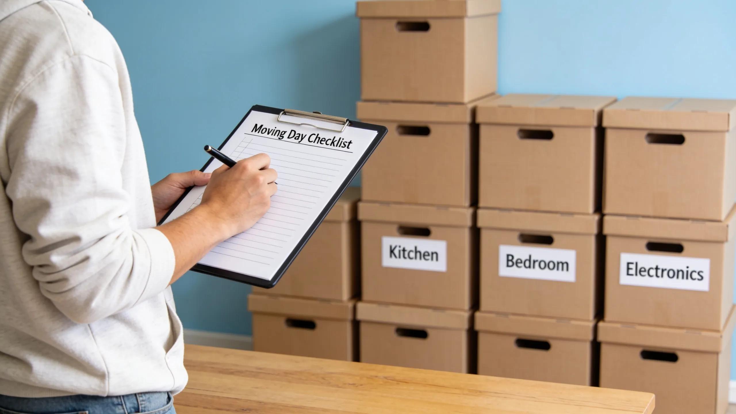 Person planning moving day with checklist amid organized moving boxes for a stress-free experience