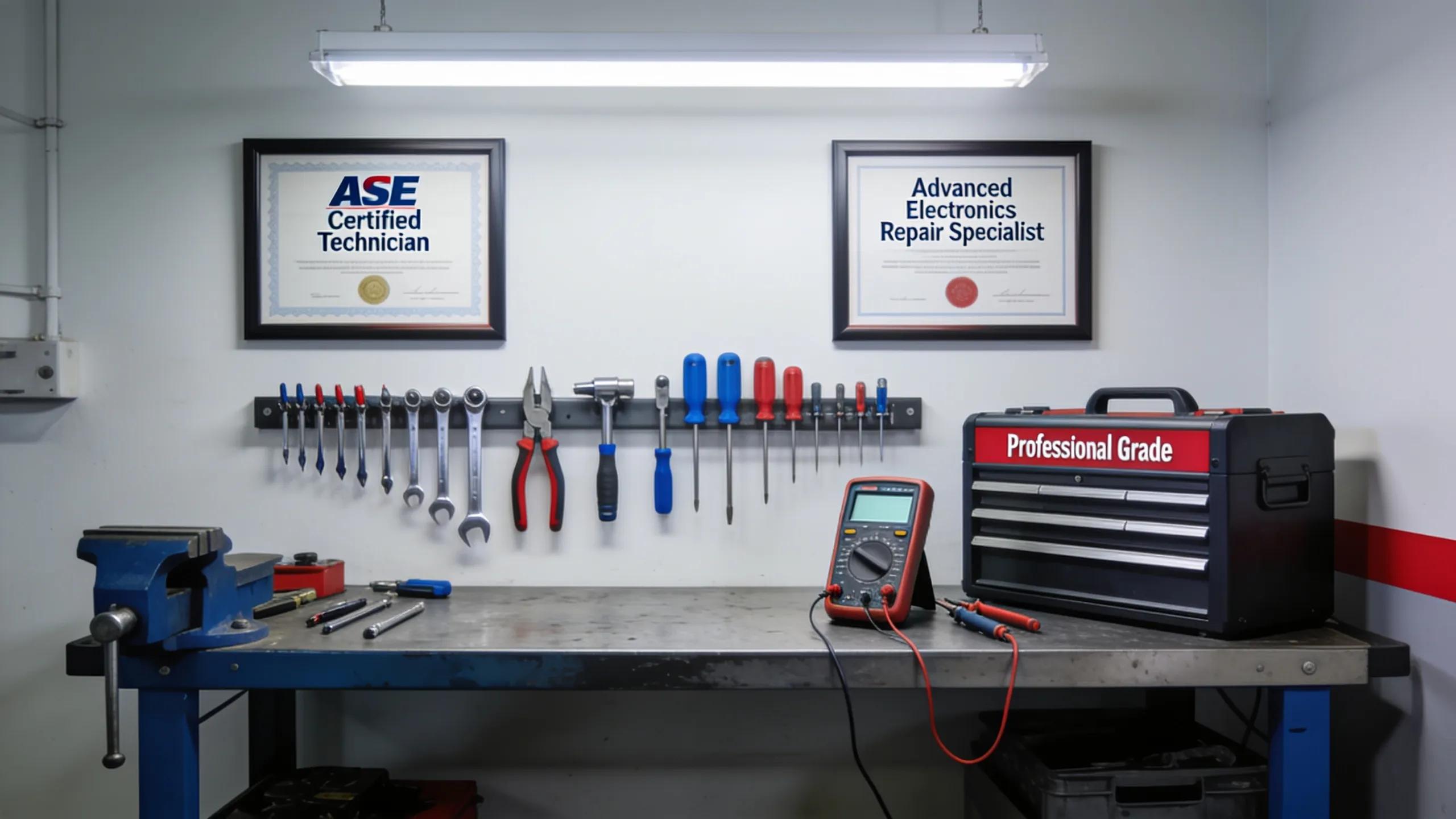 Display of certifications and tools in a repair workspace, highlighting technician expertise and professional qualifications