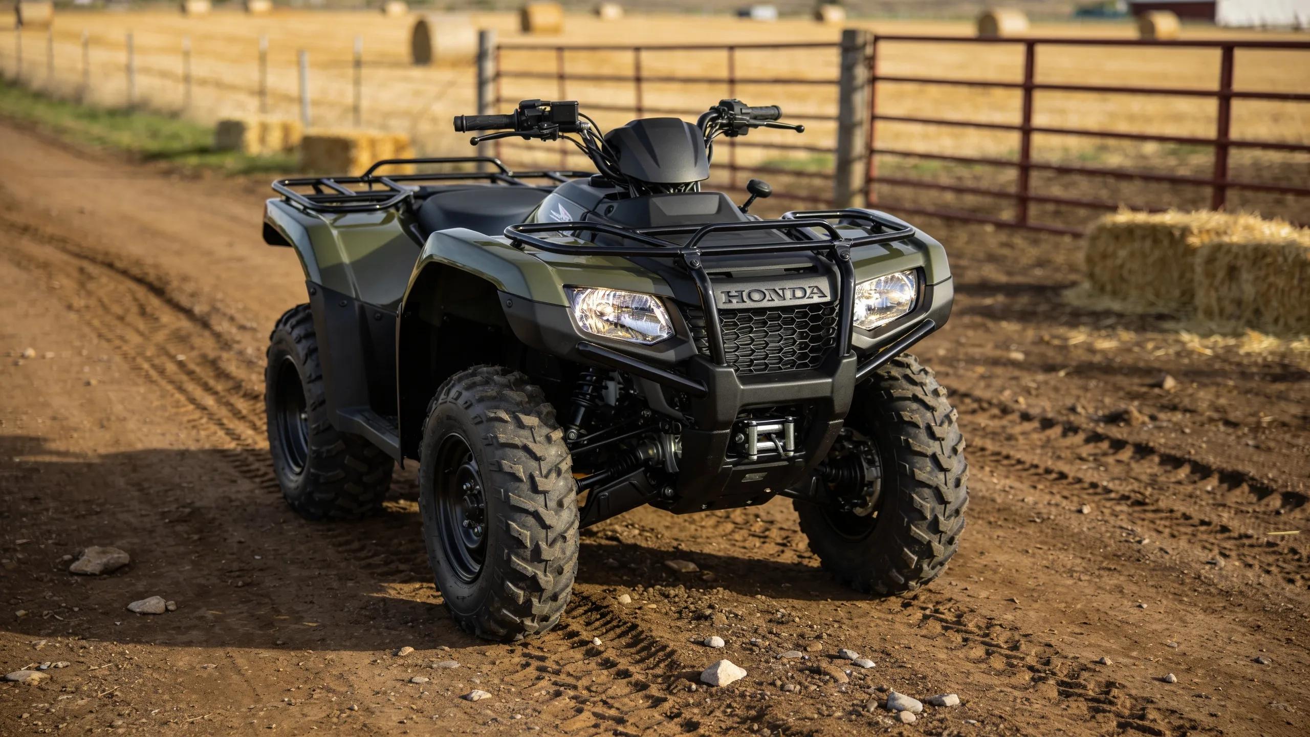 Honda Rancher ATV in a rugged outdoor environment highlighting utility features