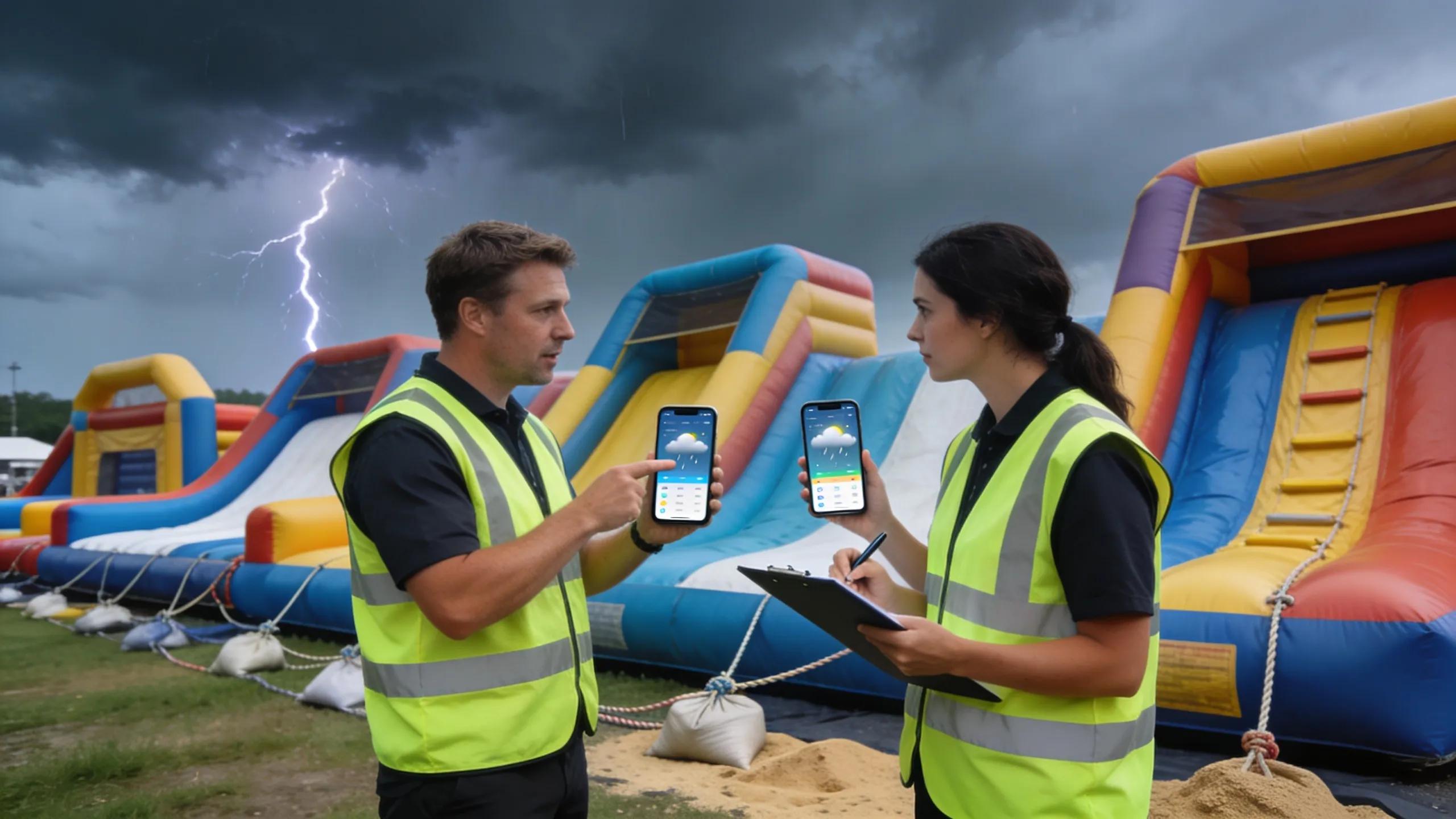 Event organizers monitoring weather for inflatable rentals, demonstrating important weather precautions