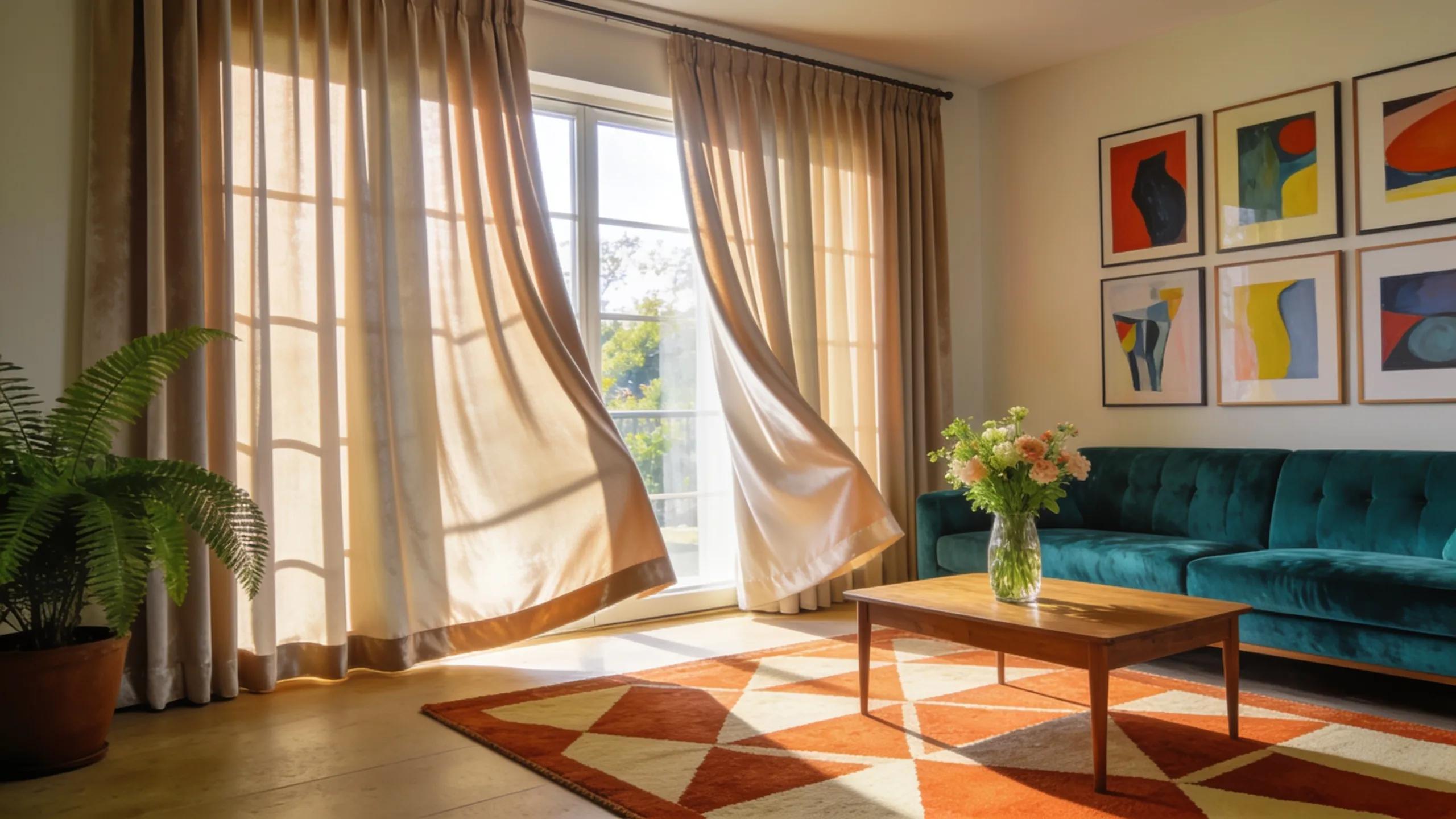 Elegant blackout curtains in a living room, showcasing their aesthetic appeal and light-filtering capabilities