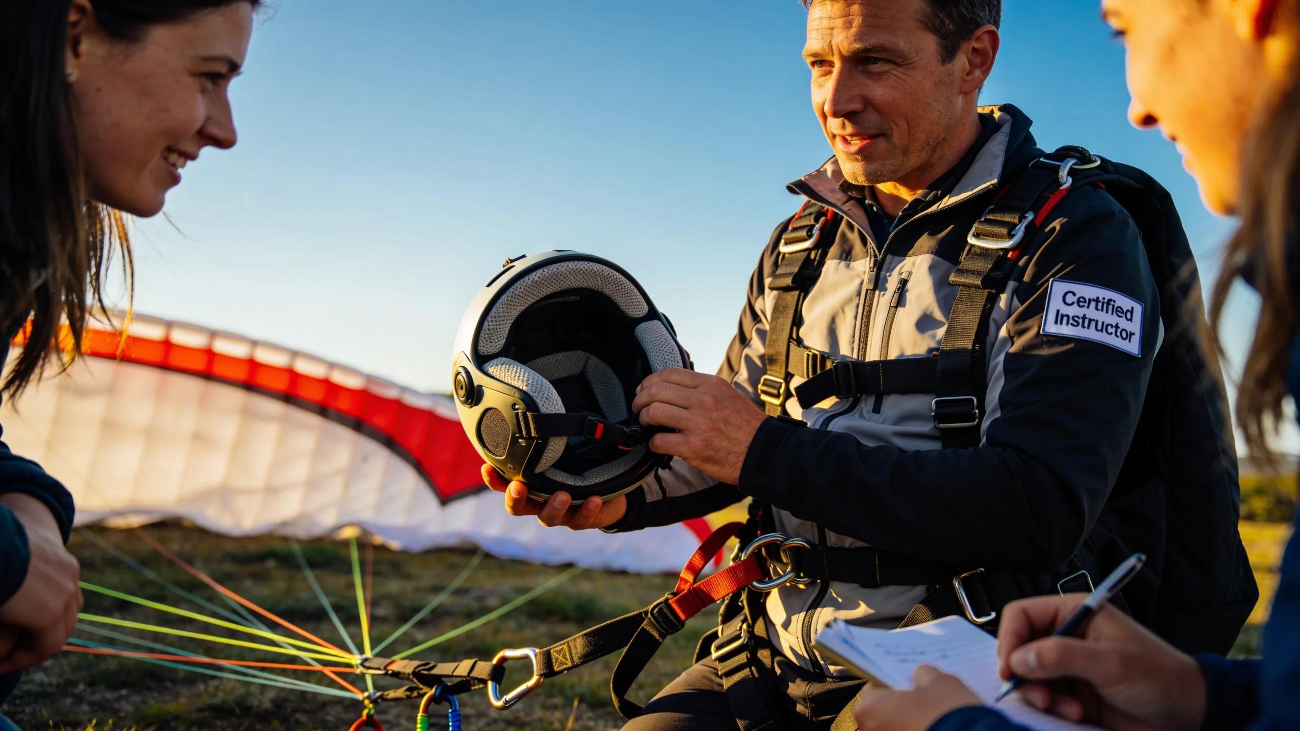 Tandem paragliding instructor conducting a safety briefing with participants