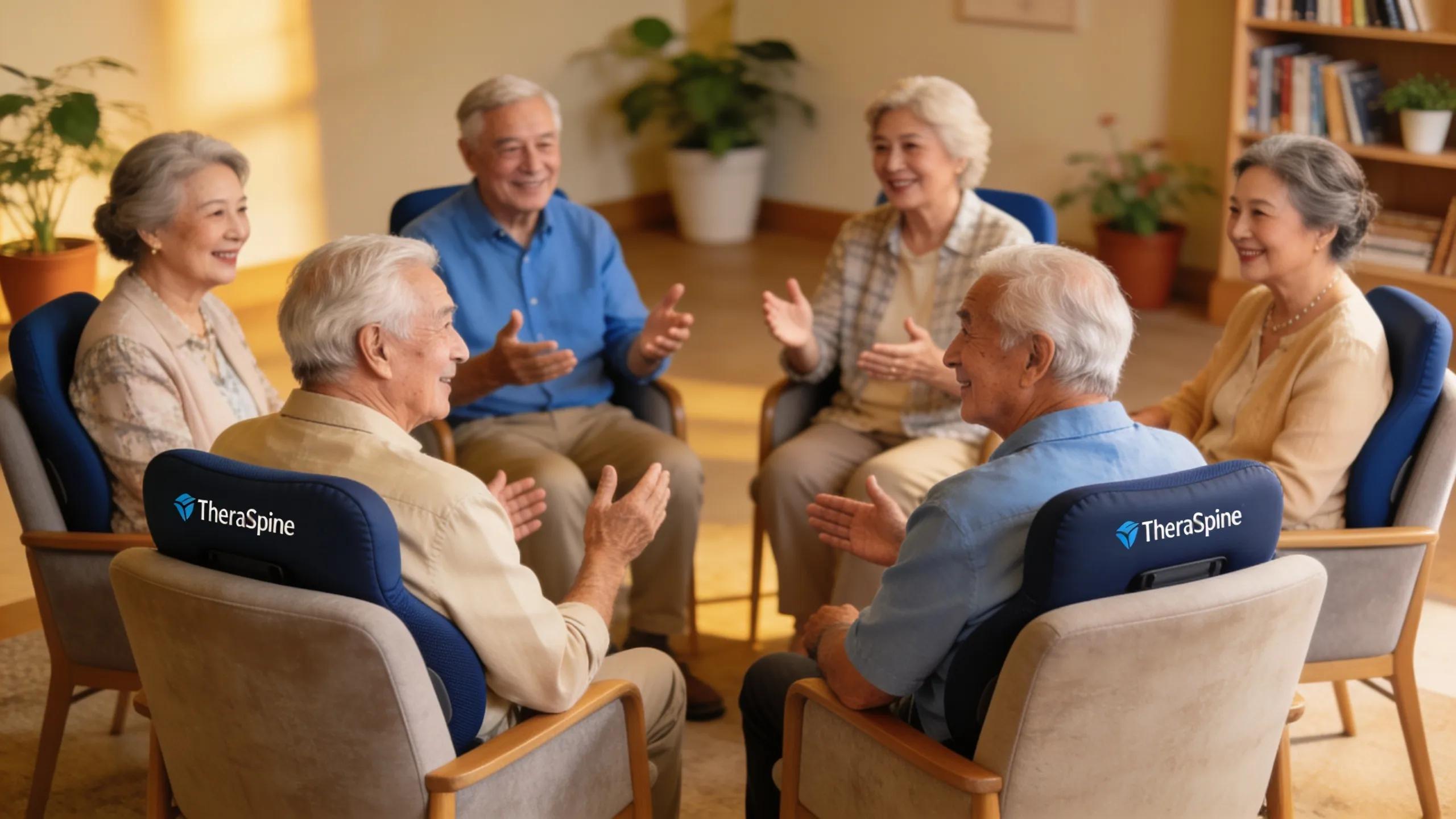 Seniors discussing their experiences with TheraSpine lumbar support cushions in a supportive group setting