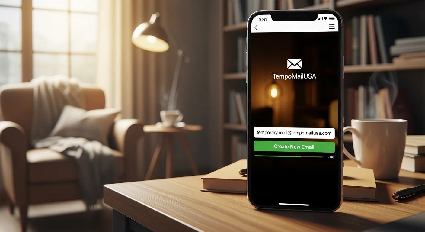 Smartphone displaying TempoMailUSA app for creating temporary email addresses in a cozy workspace