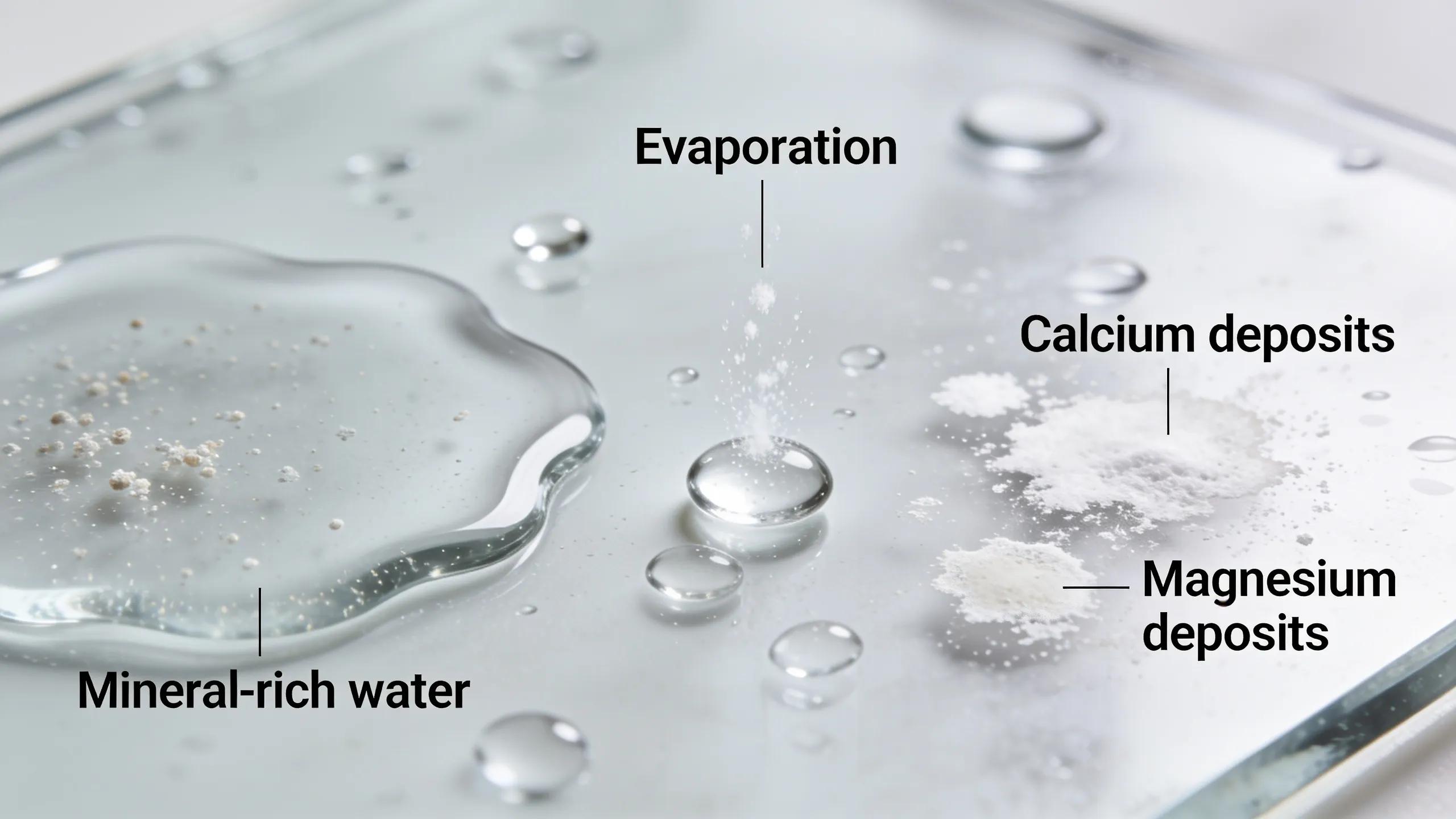 Hard water stains form when mineral-rich water evaporates and leaves calcium and magnesium deposits