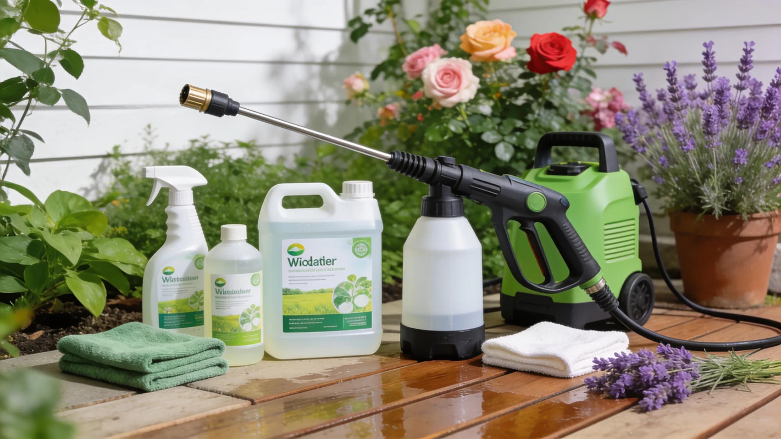 Eco-friendly pressure washing products displayed on a patio surrounded by greenery, emphasizing safety and environmental benefits in driveway cleaning.