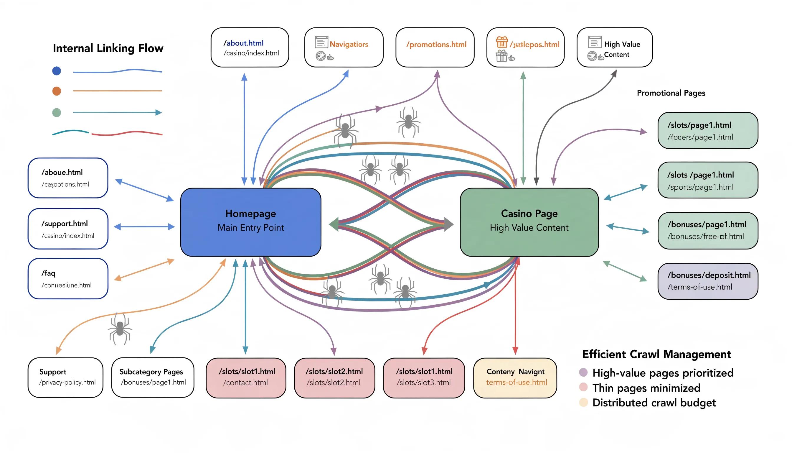 Visual representation of website crawl budget management in iGaming, illustrating internal linking and search engine accessibility.