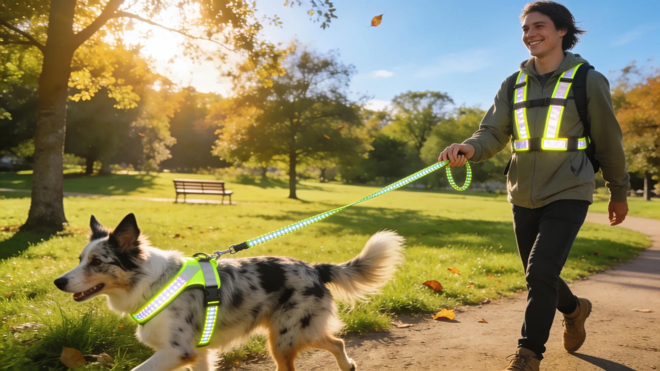 Australian dog owner walking a dog with safety gear in a sunny park