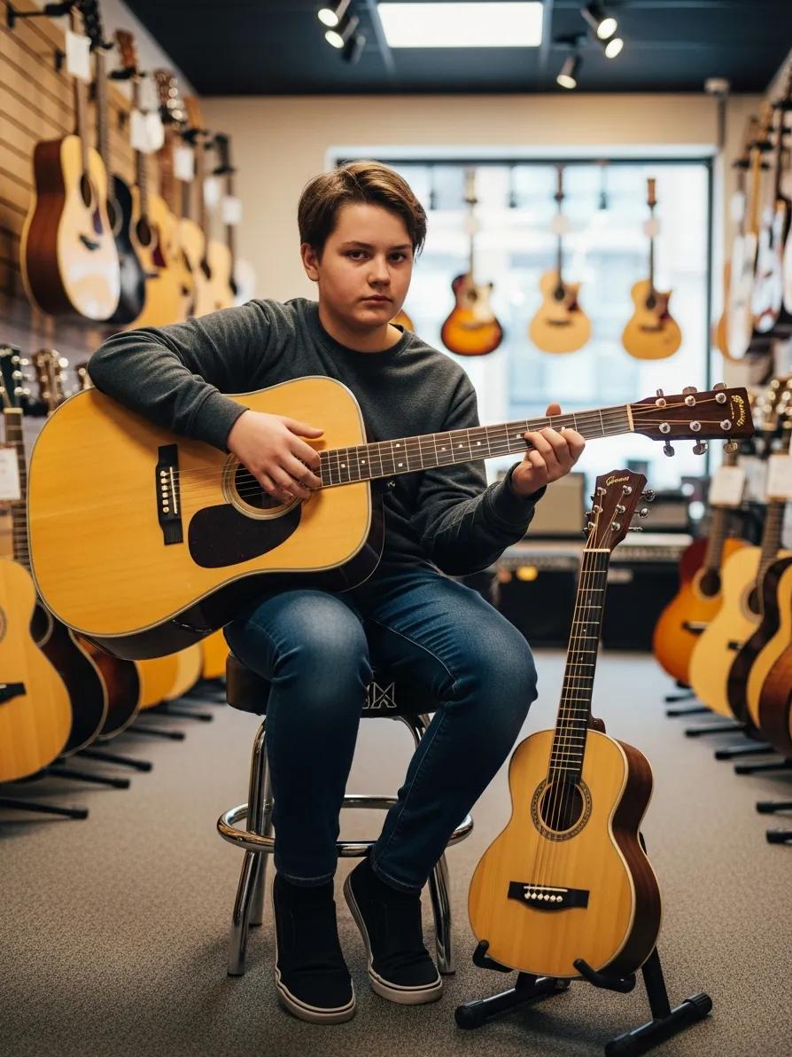 Young player testing different guitar sizes in a store to find the best fit