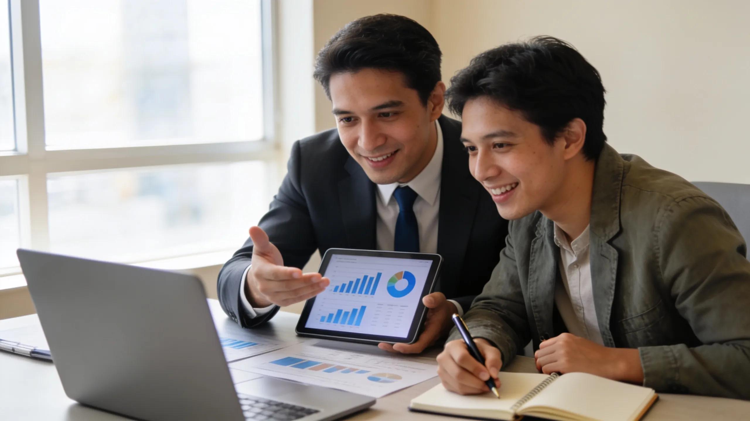 Small business owner discussing financing options with a local lender in a supportive office environment