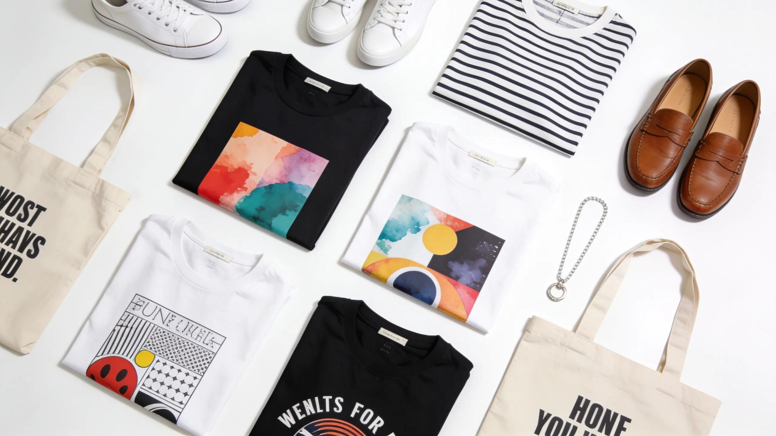 Flat lay of graphic tees with artistic designs, emphasizing versatility and style in minimalist fashion