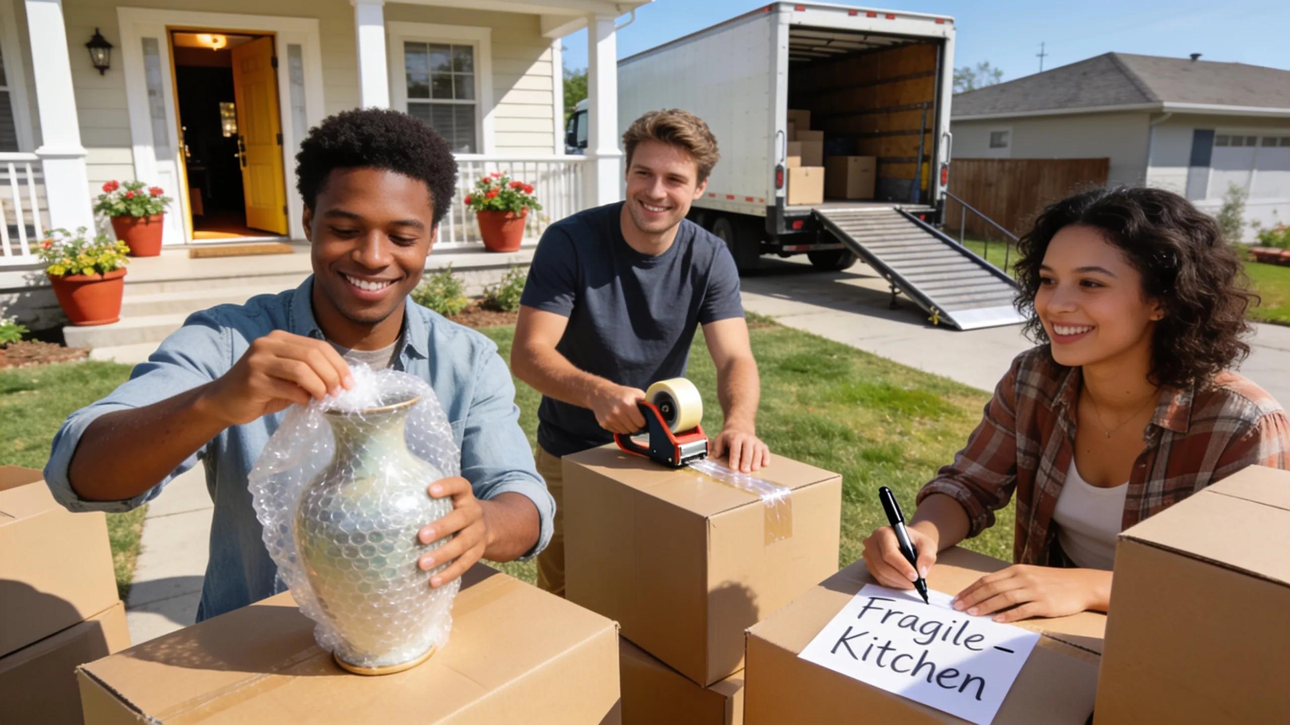 Group of people packing and labeling boxes for a moving day, emphasizing organization and preparation