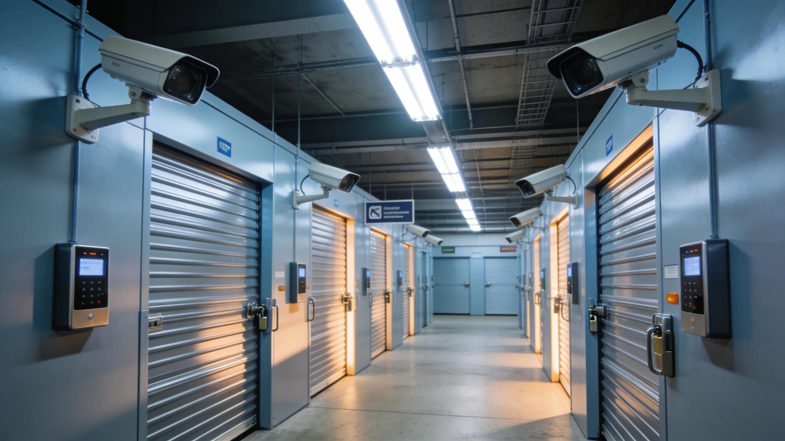Interior of a secure storage facility with climate-controlled units and surveillance systems