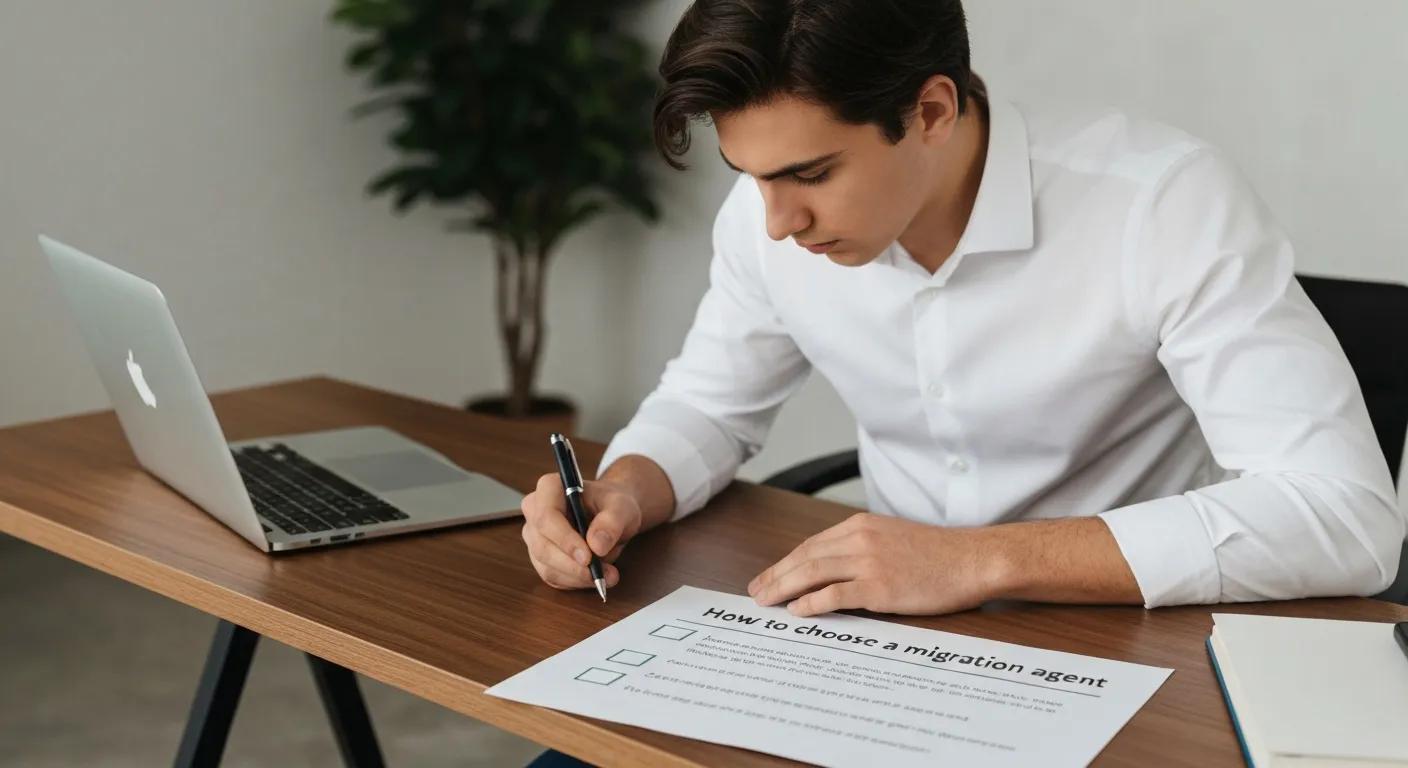A person checking a printed checklist titled 'How to choose a migration agent'