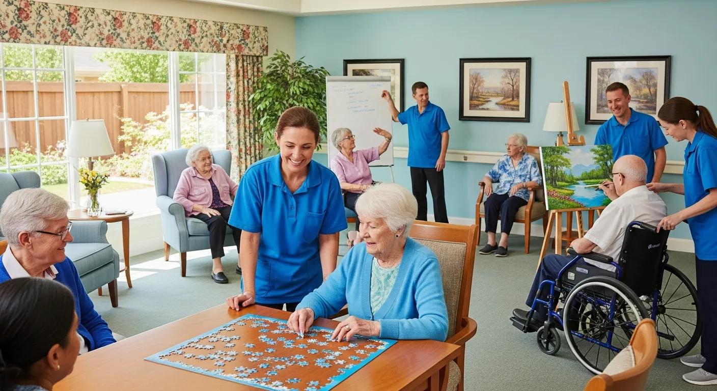 Memory care services environment with staff and residents engaged in activities