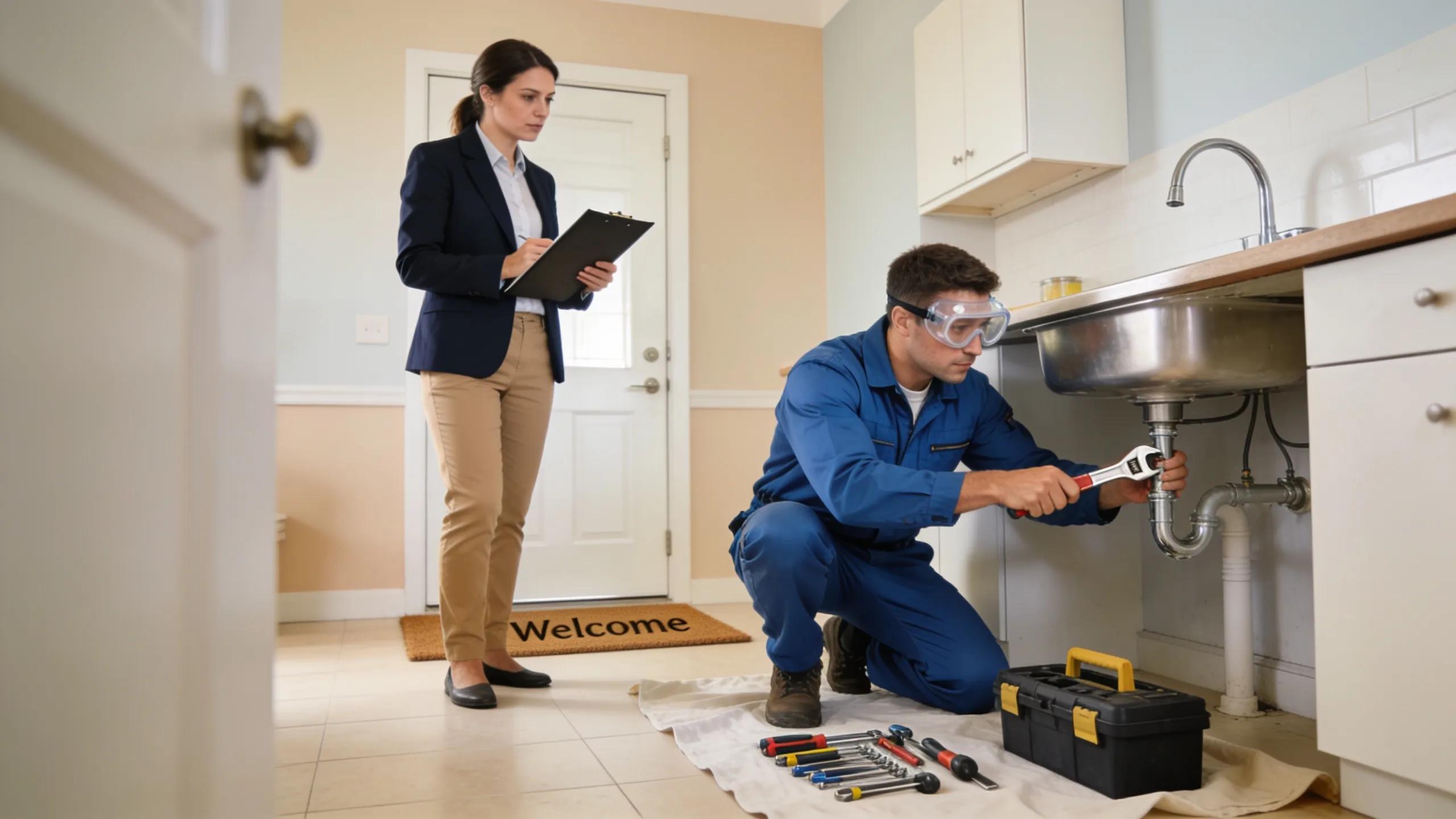 Property manager supervising maintenance work at a rental property, emphasizing maintenance and repair services.